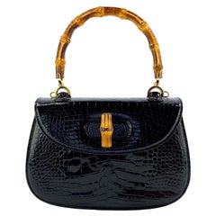 S/S 1991 Gucci Small Mini Crossbody Black Alligator Bamboo Top Handle Bag