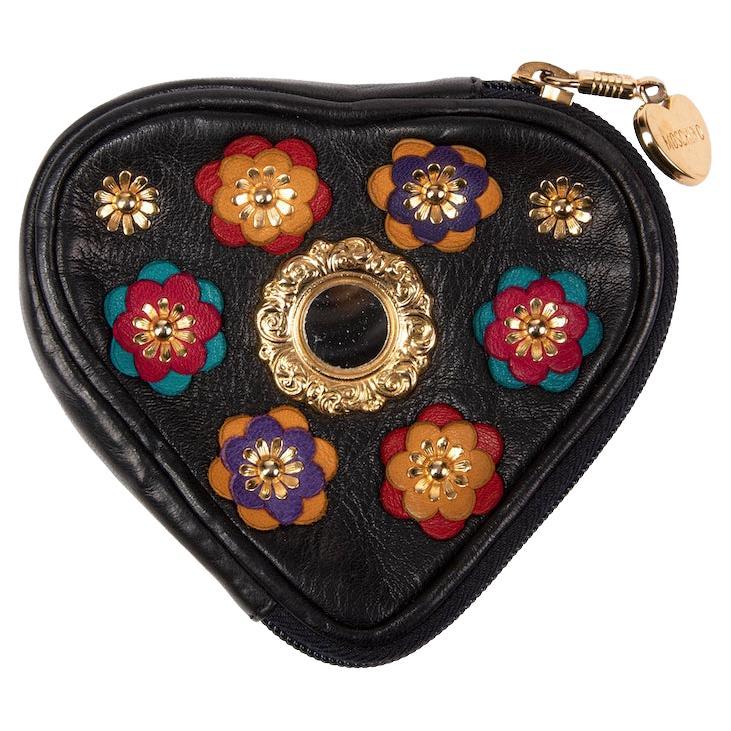 S/S 1991 MOSCHINO Redwall Documented Black Heart-Shaped Appliquéd Leather Purse