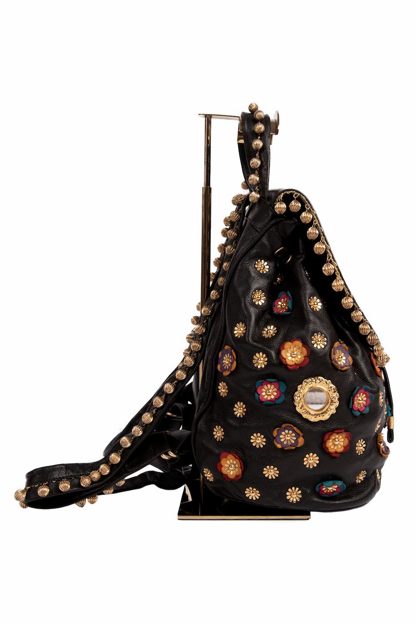 Women's or Men's S/S 1991 MOSCHINO Redwall Documented Black Blossoms Appliquéd Leather Backpack