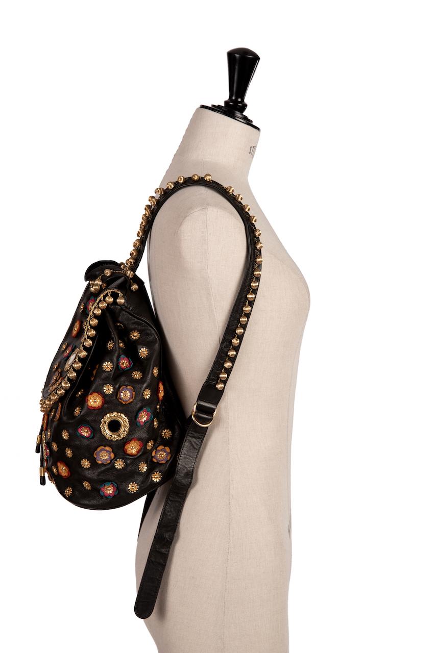 S/S 1991 MOSCHINO Redwall Documented Black Blossoms Appliquéd Leather Backpack For Sale 1