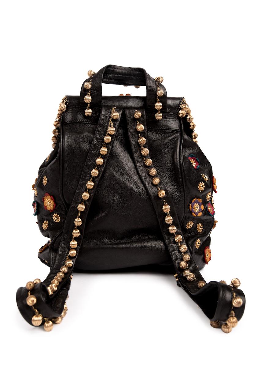 S/S 1991 MOSCHINO Redwall Documented Black Blossoms Appliquéd Leather Backpack For Sale 2