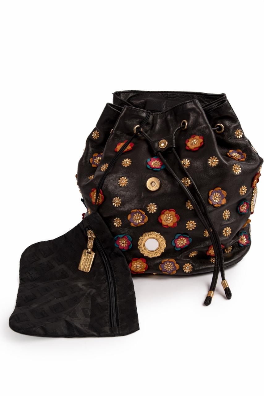 S/S 1991 MOSCHINO Redwall Documented Black Blossoms Appliquéd Leather Backpack For Sale 3