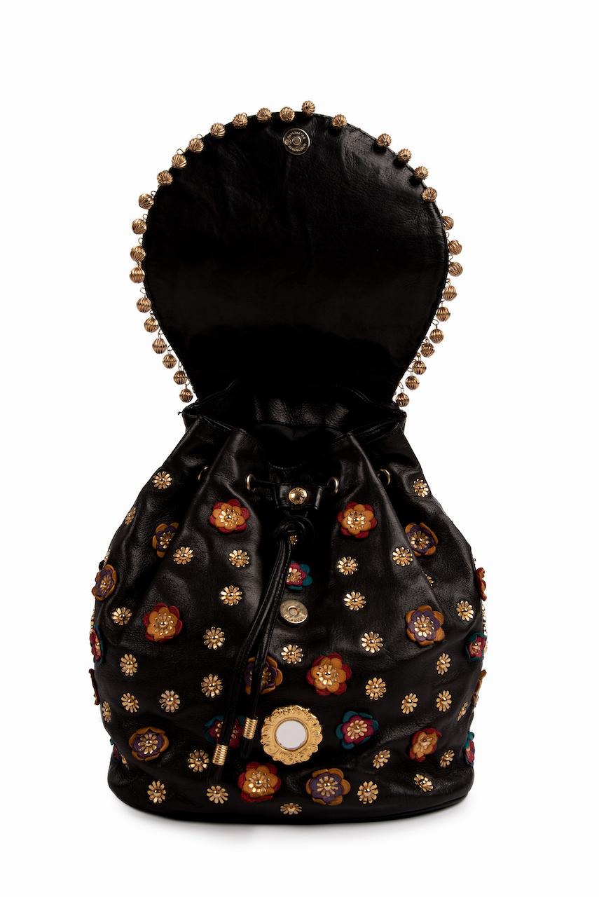 S/S 1991 MOSCHINO Redwall Documented Black Blossoms Appliquéd Leather Backpack For Sale 4