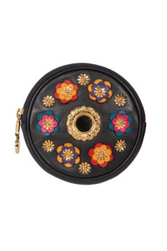 S/S 1991 MOSCHINO Redwall Documented Black Round Flower Appliquéd Leather Purse
