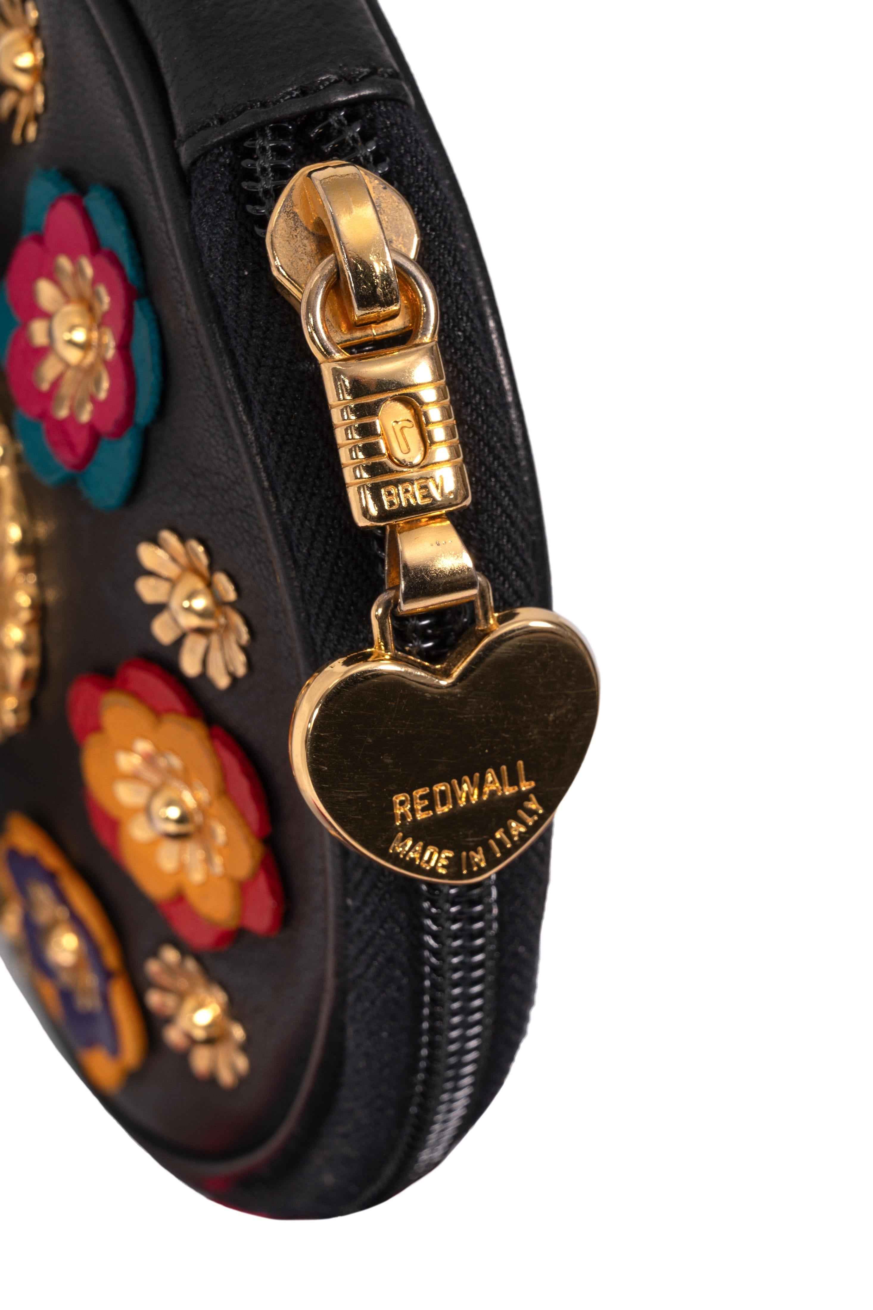 S/S 1991 MOSCHINO Redwall Documented Black Round Flower Appliquéd Leather Purse For Sale 3