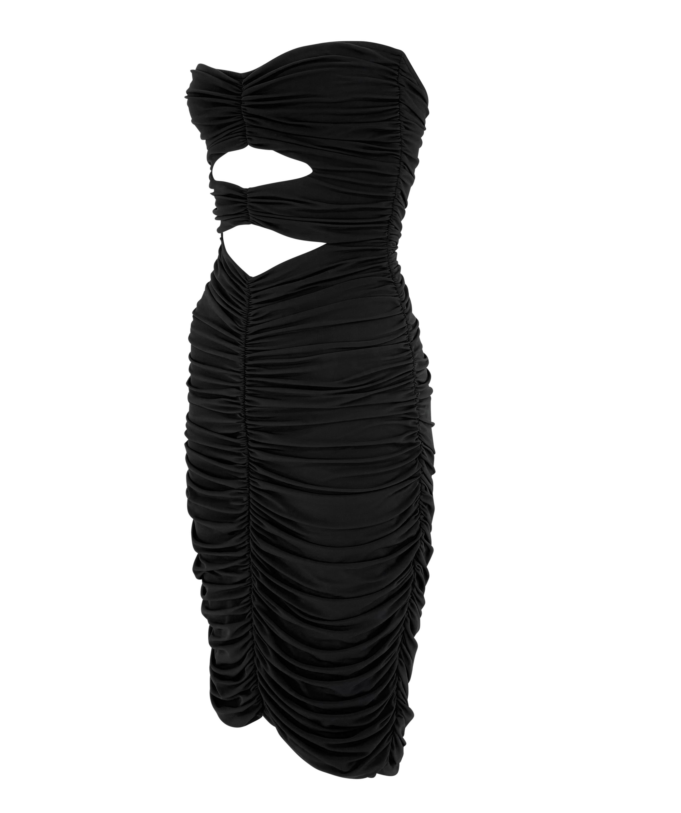 S/S 1991 Norma Kamali Schwarzes Bodycon-Kleid mit doppeltem Ausschnitt und gerafften Trägern im Zustand „Hervorragend“ im Angebot in West Hollywood, CA