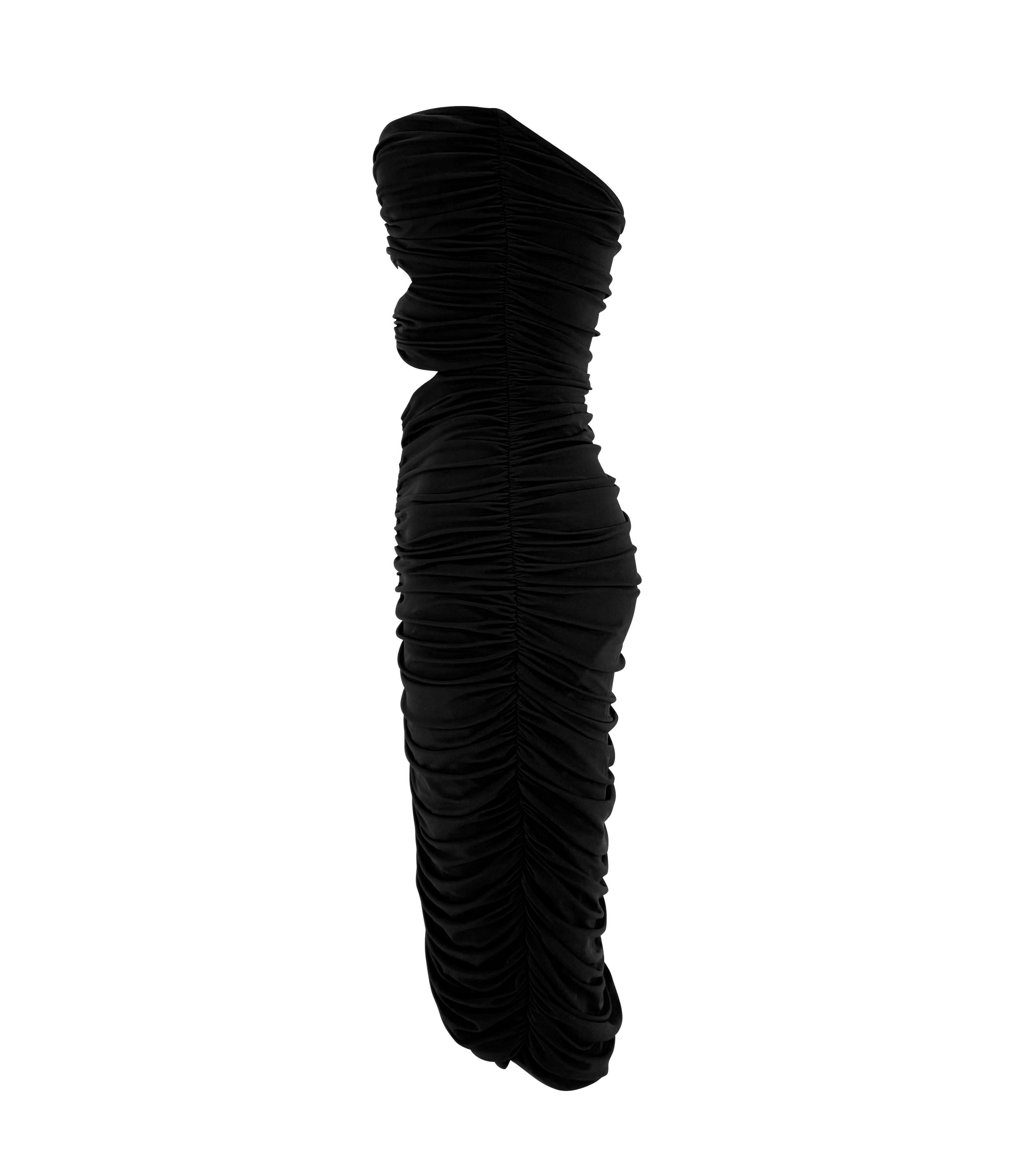 S/S 1991 Norma Kamali Schwarzes Bodycon-Kleid mit doppeltem Ausschnitt und gerafften Trägern Damen im Angebot