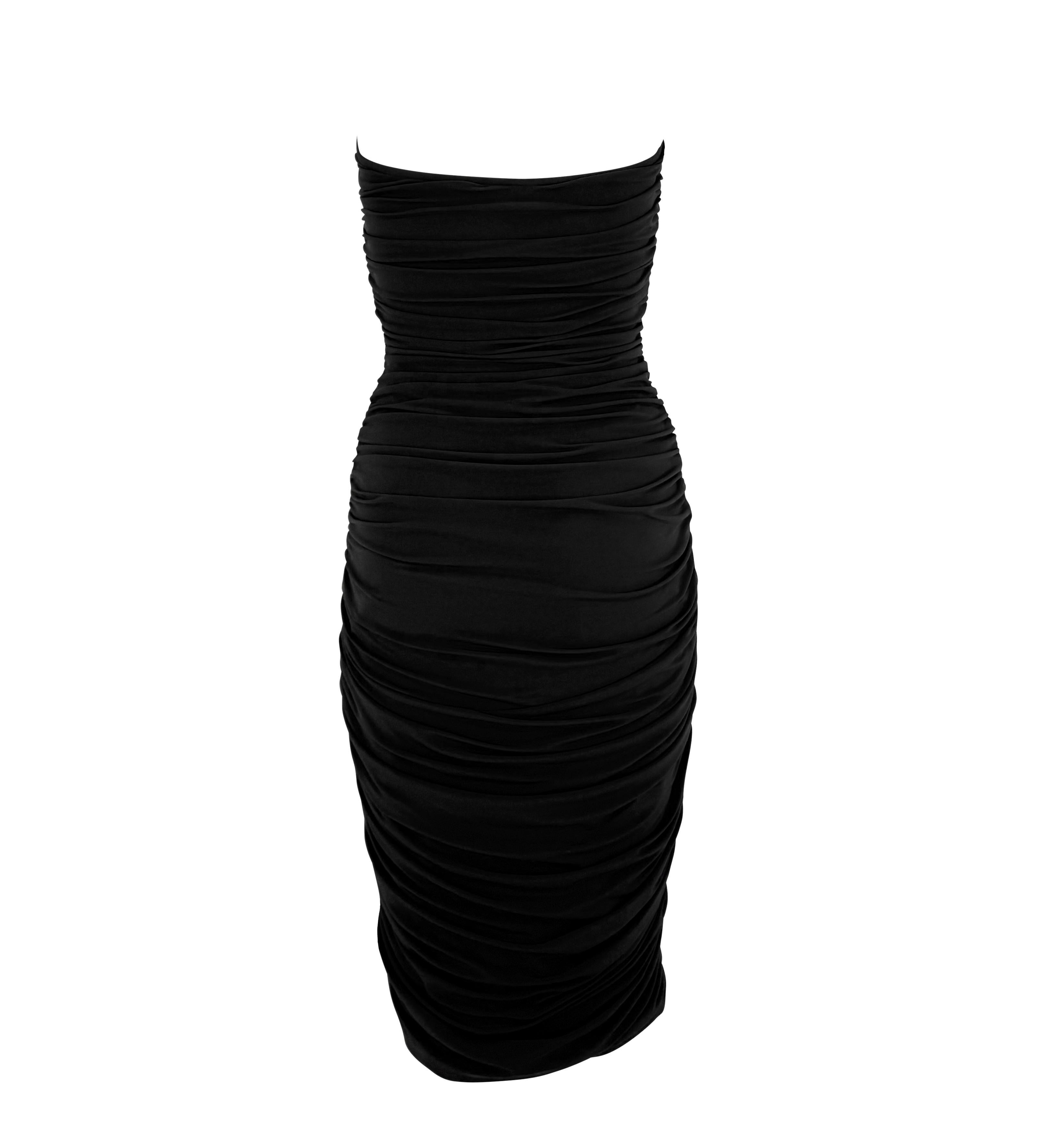 S/S 1991 Norma Kamali Schwarzes Bodycon-Kleid mit doppeltem Ausschnitt und gerafften Trägern im Angebot 1