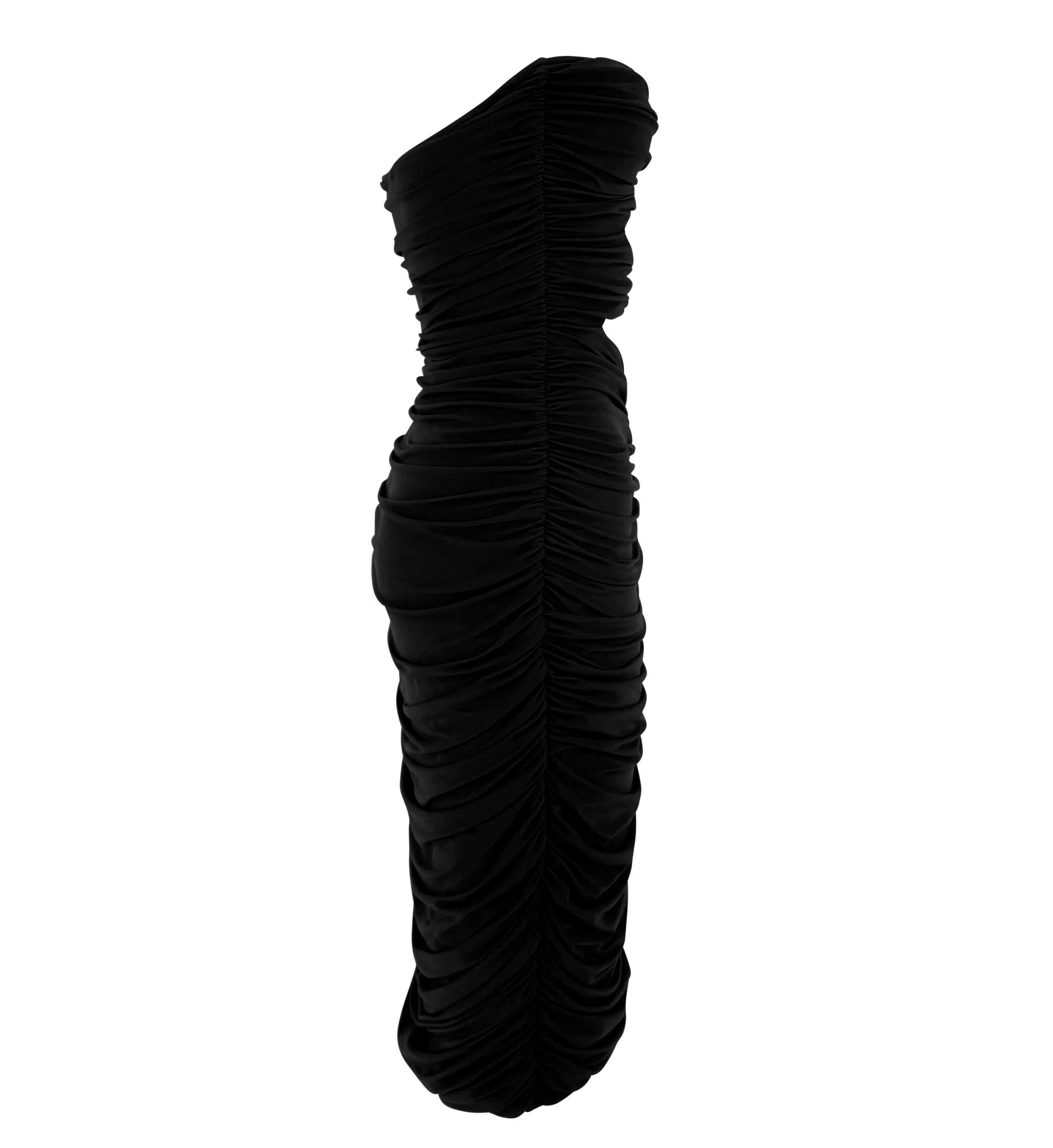 S/S 1991 Norma Kamali Schwarzes Bodycon-Kleid mit doppeltem Ausschnitt und gerafften Trägern im Angebot 2