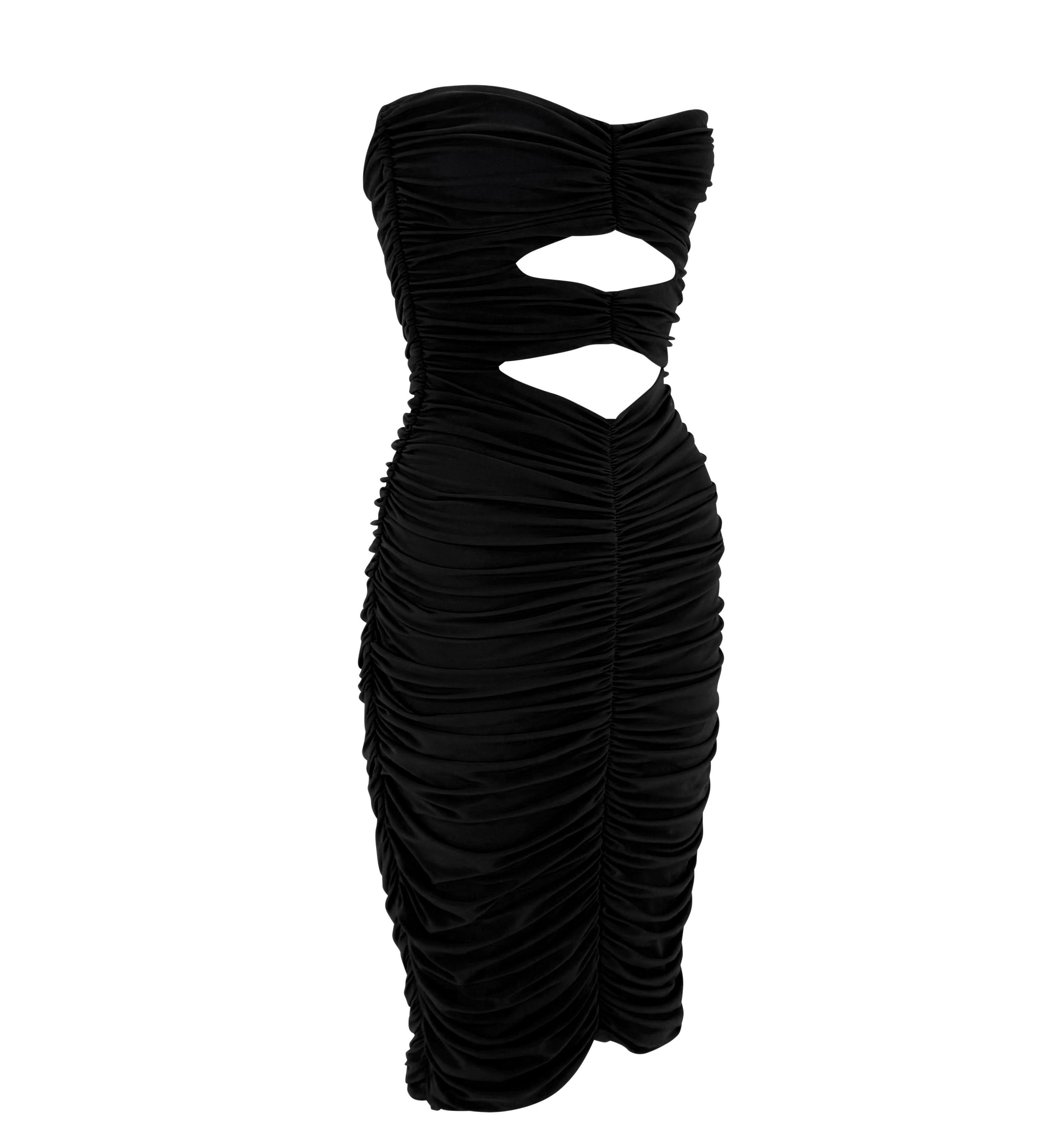 S/S 1991 Norma Kamali Schwarzes Bodycon-Kleid mit doppeltem Ausschnitt und gerafften Trägern im Angebot 3