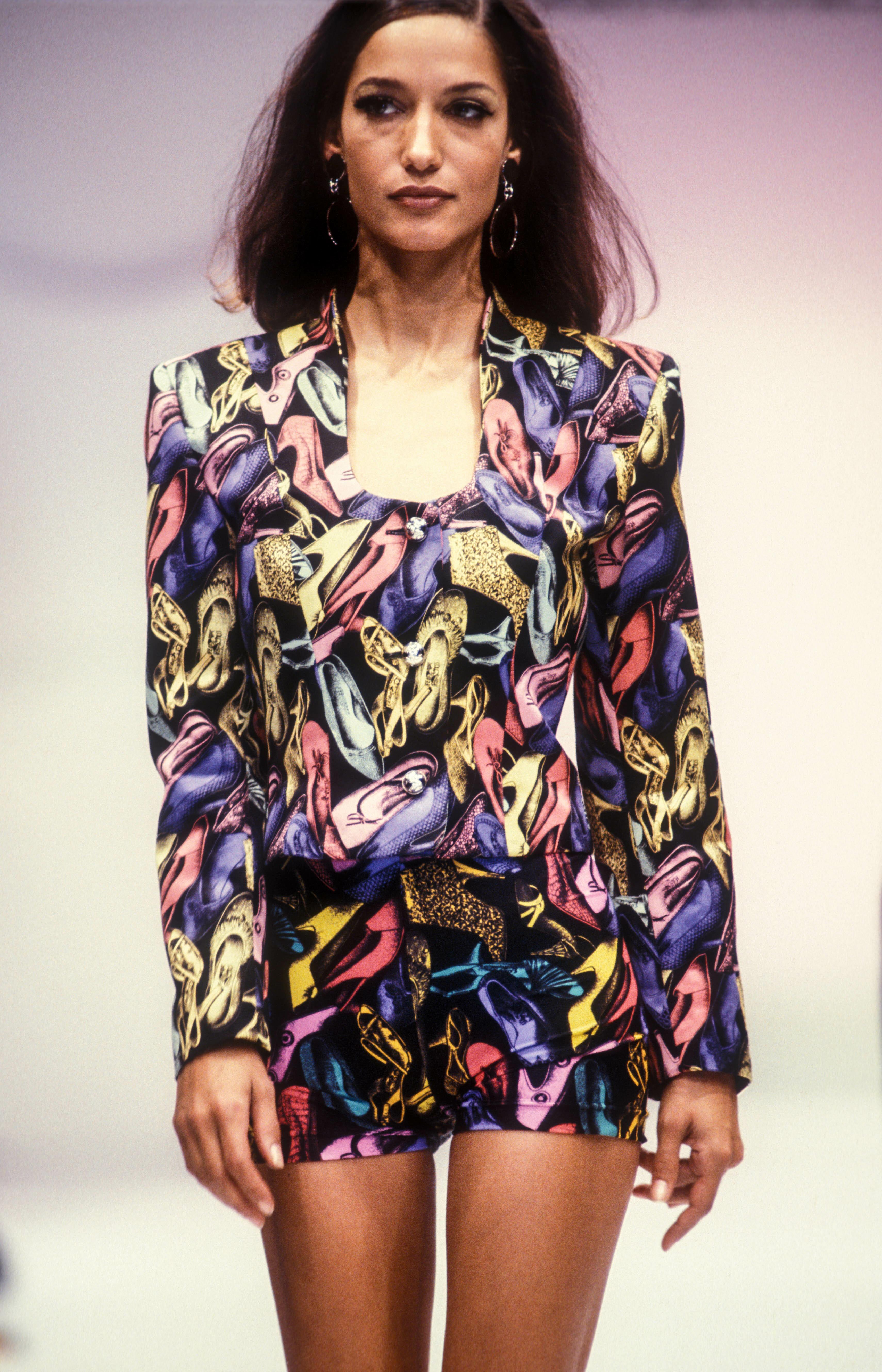 Presenting an incredible multicolor shoe print Salvatore Ferragamo blazer. From the Spring/Summer 1991 collection, this print debuted on the season's runway, was used in the season's ad campaign, and was more recently worn by Kendall Jenner. This