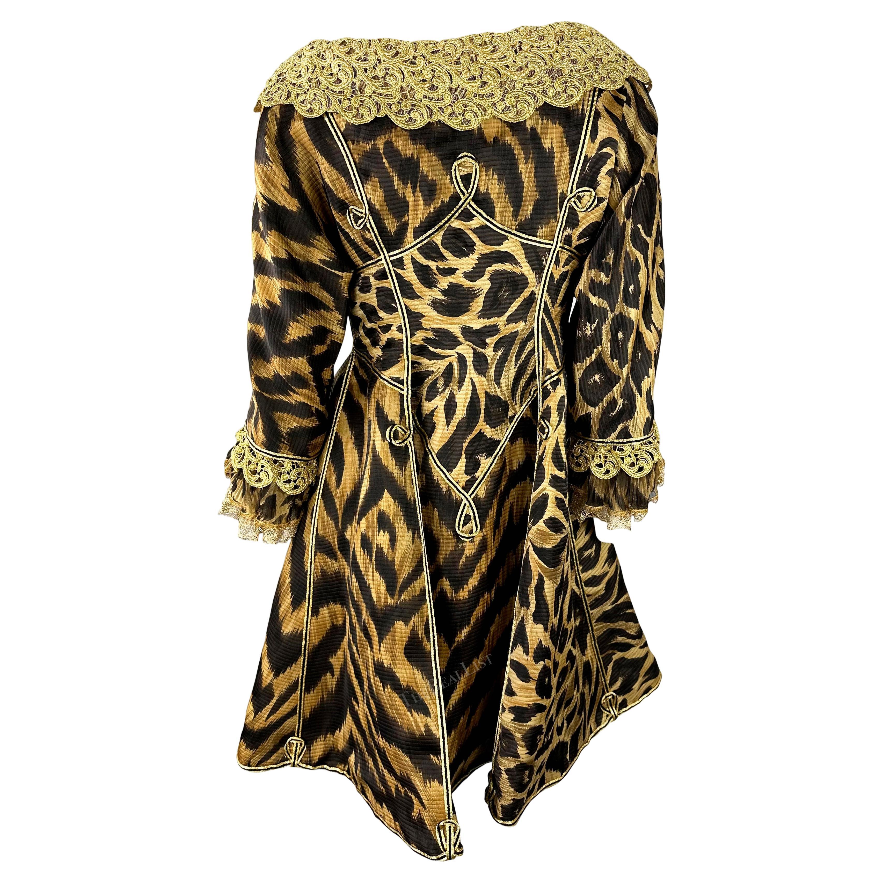 S/S 1992 Atelier Versace Haute Couture Runway Leopard Silk Gold Lace Coat Dress For Sale 6