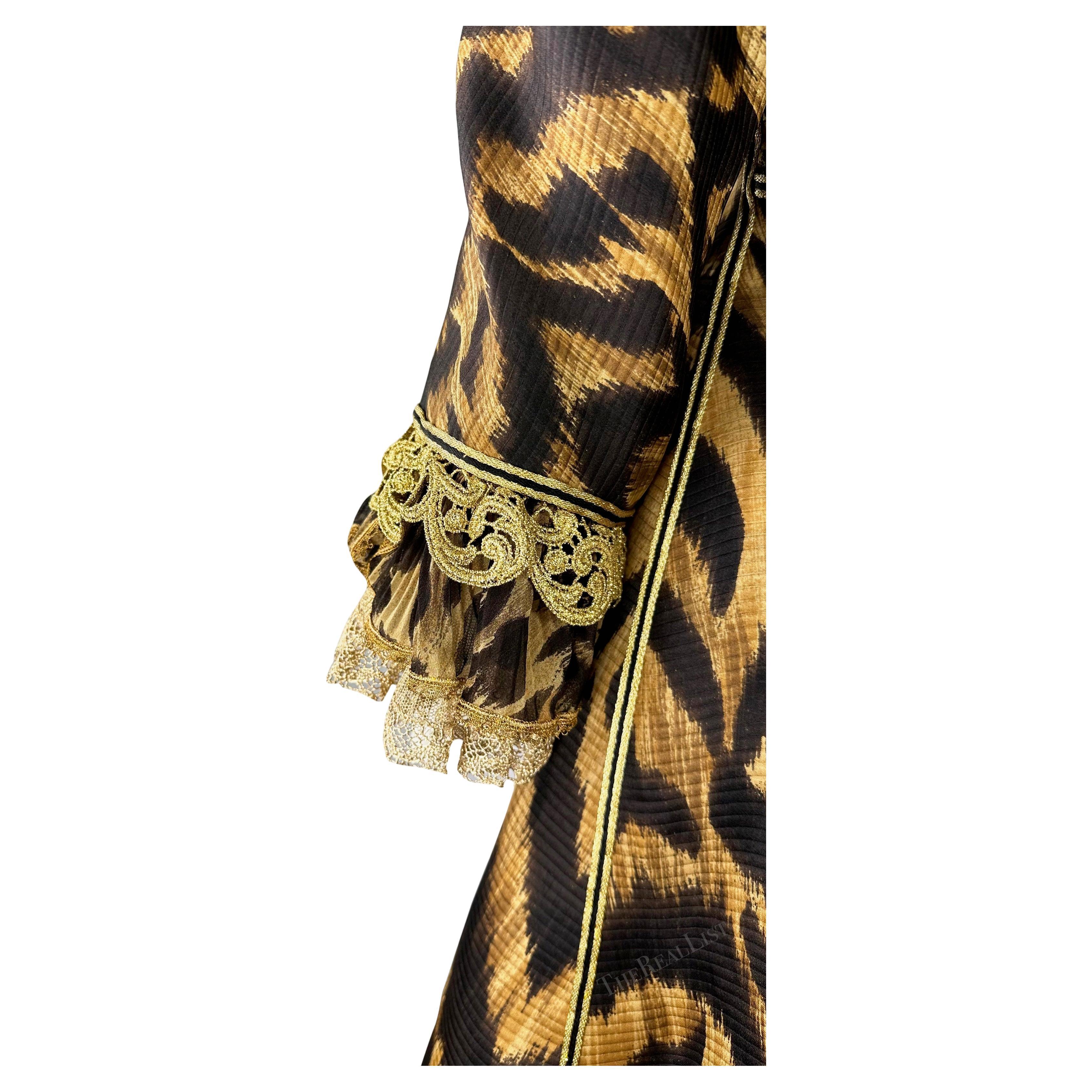 S/S 1992 Atelier Versace Haute Couture Runway Leopard Silk Gold Lace Coat Dress For Sale 7