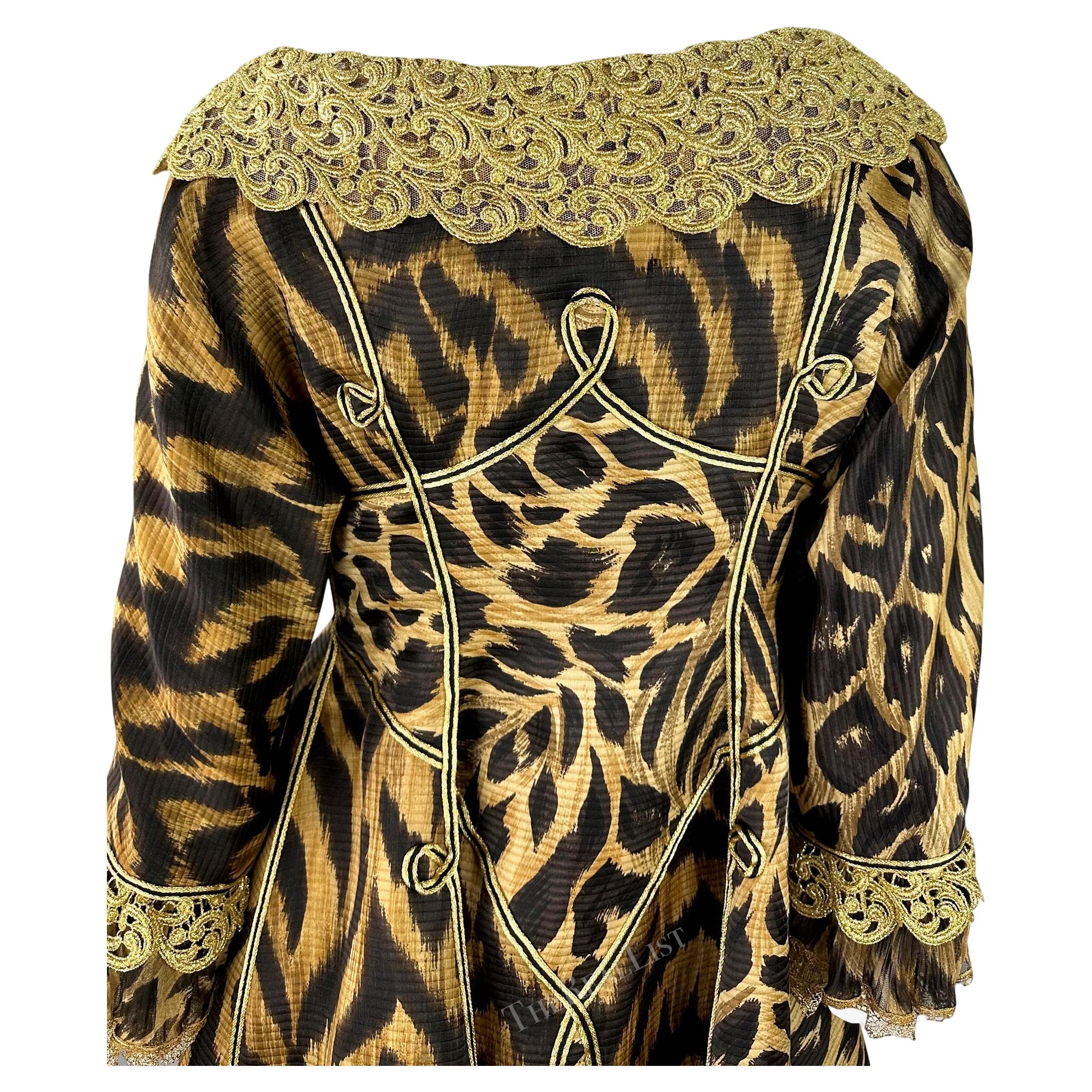S/S 1992 Atelier Versace Haute Couture Runway Leopard Silk Gold Lace Coat Dress For Sale 8