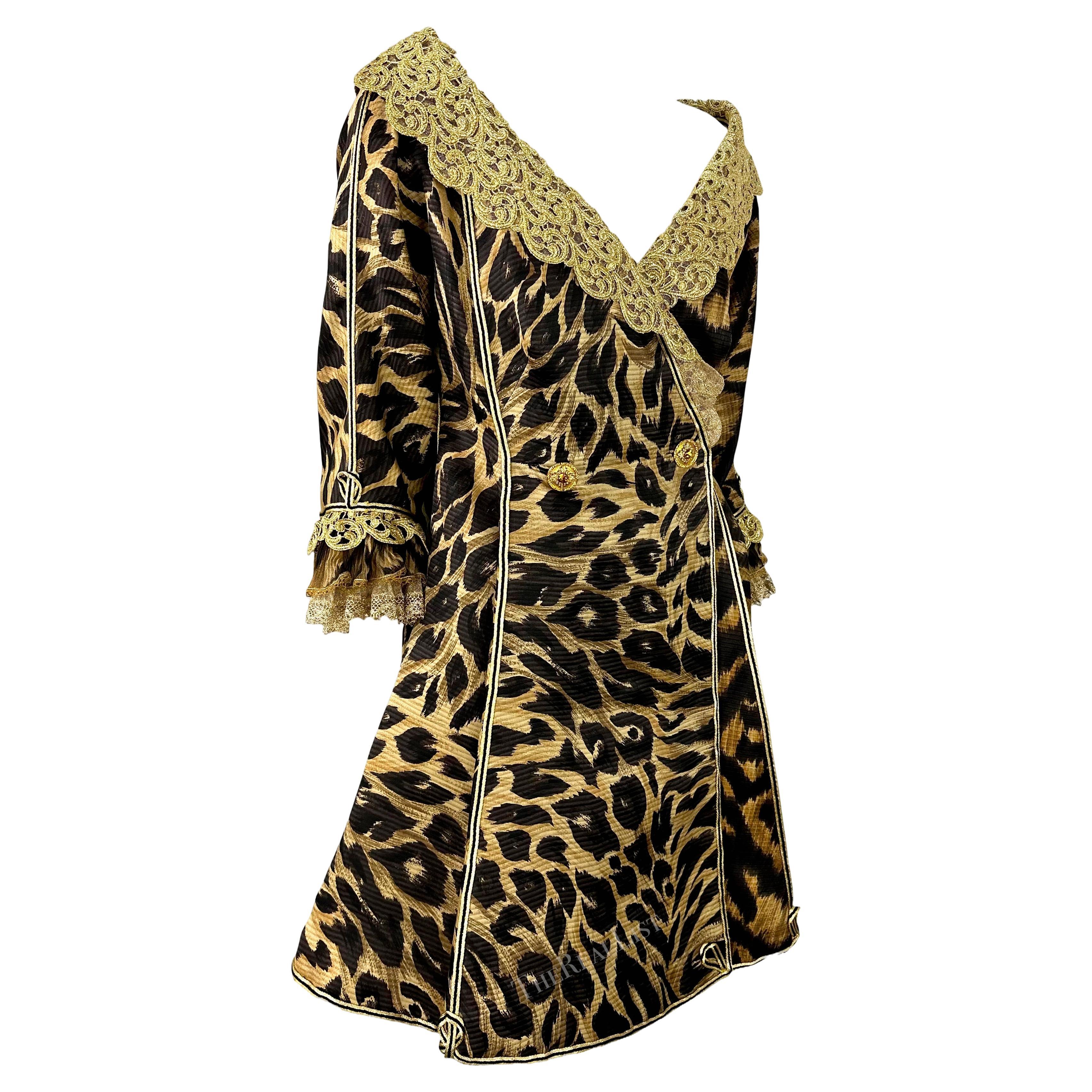 S/S 1992 Atelier Versace Haute Couture Runway Leopard Silk Gold Lace Coat Dress For Sale 9