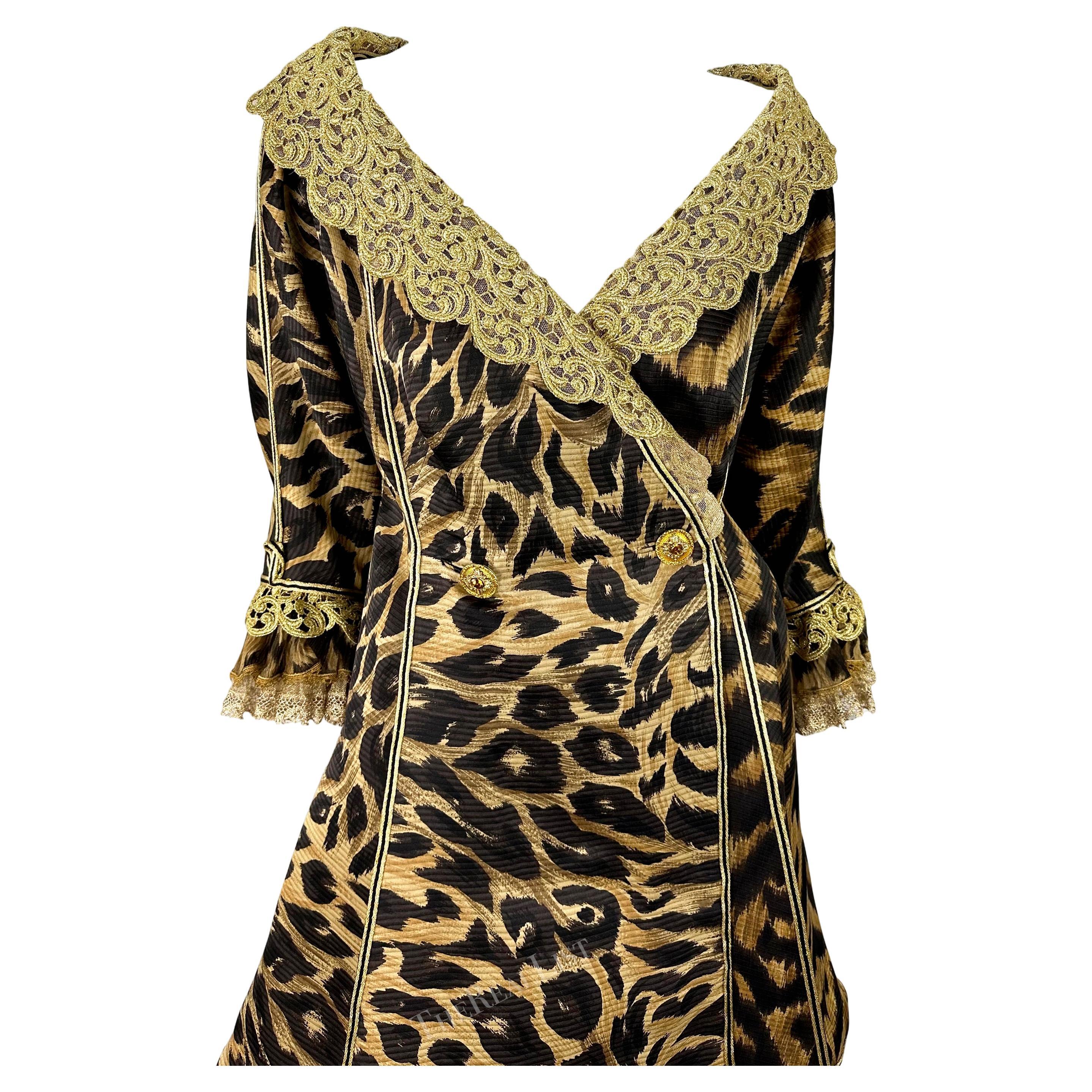 S/S 1992 Atelier Versace Haute Couture Runway Leopard Silk Gold Lace Coat Dress For Sale 10