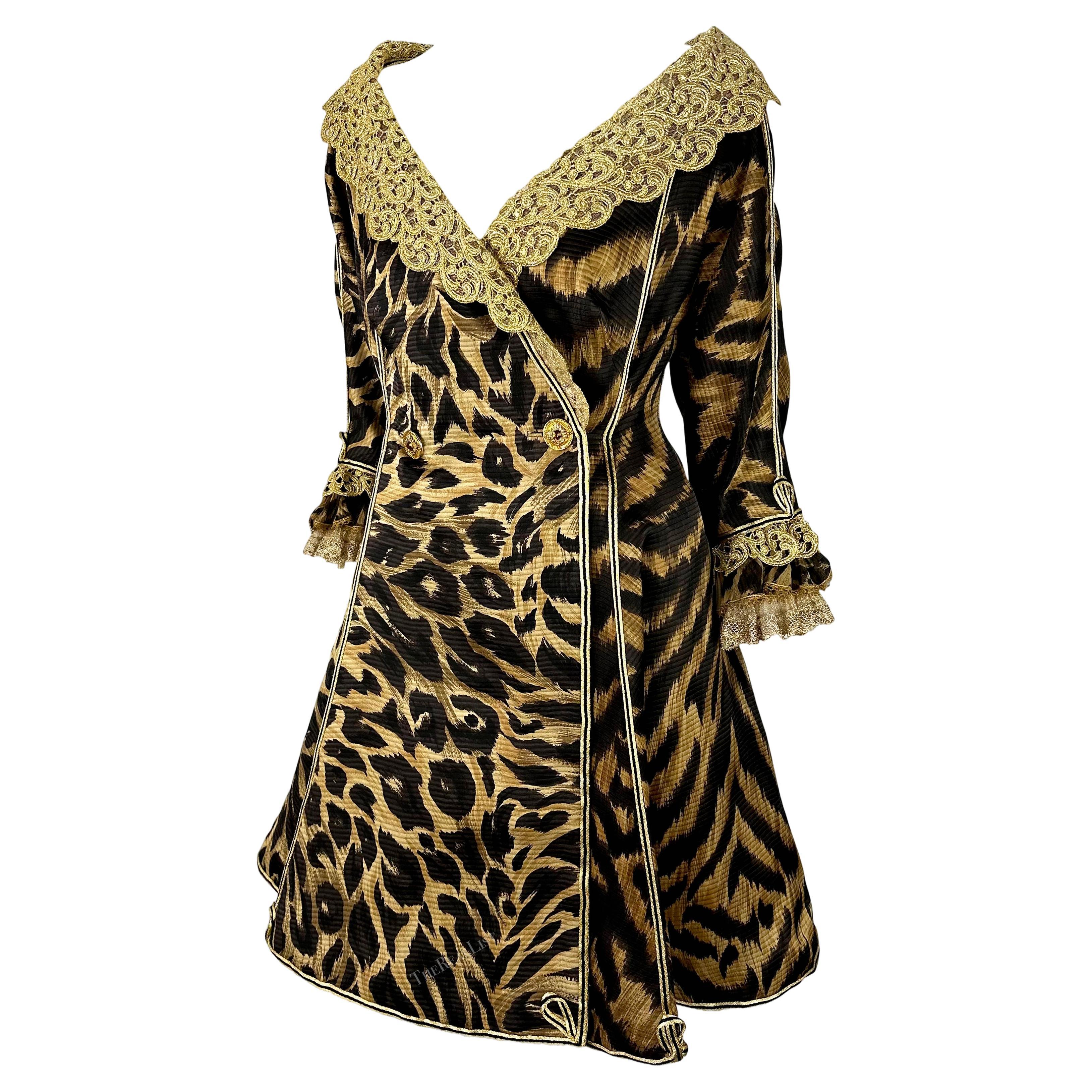 S/S 1992 Atelier Versace Haute Couture Runway Leopard Silk Gold Lace Coat Dress For Sale 1