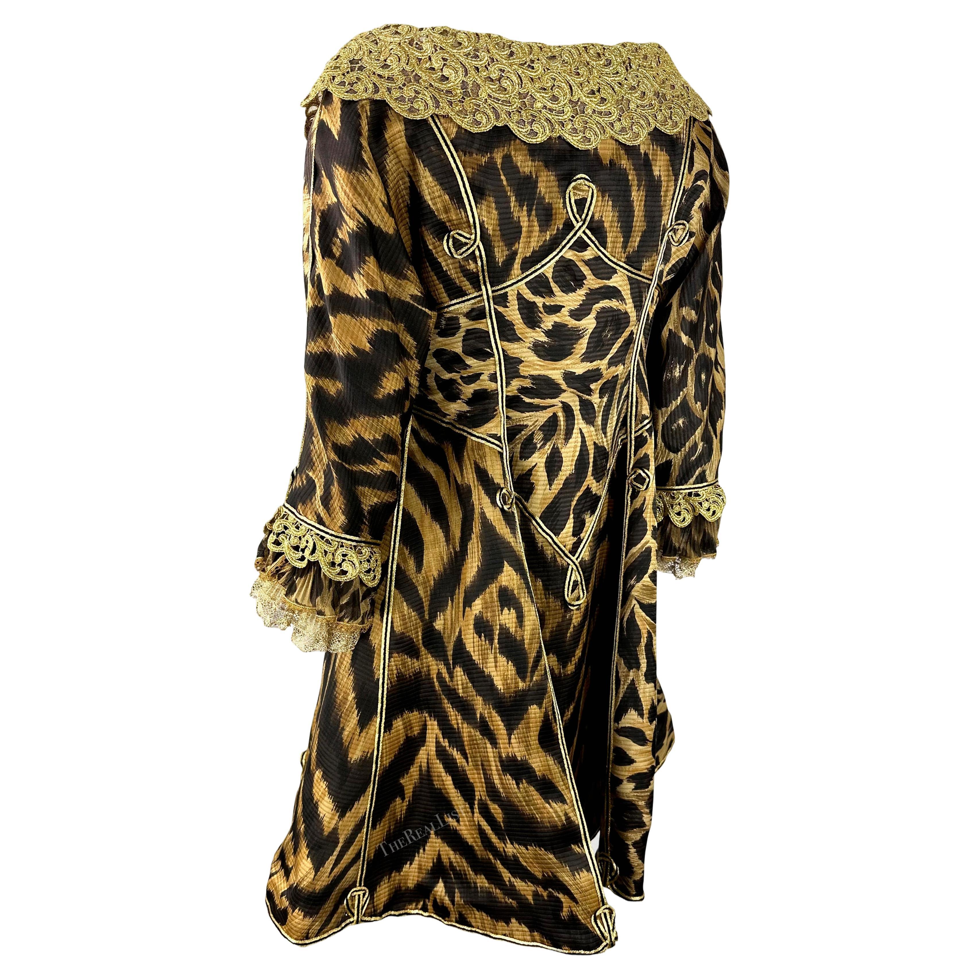 S/S 1992 Atelier Versace Haute Couture Runway Leopard Silk Gold Lace Coat Dress For Sale 5
