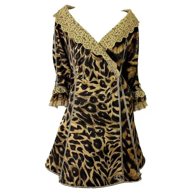Atelier Versace Haute Couture P/E 1992 - Vestito a cappotto in seta leopardato e pizzo dorato
