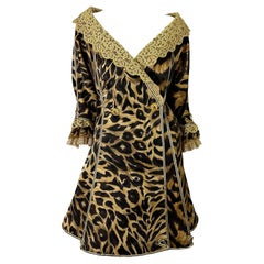 Retro S/S 1992 Atelier Versace Haute Couture Runway Leopard Silk Gold Lace Coat Dress