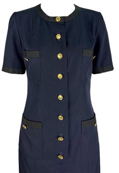 S/S 1992 Chanel by Karl Lagerfeld Gold CC Button Navy Short-Sleeve Shirt Dress