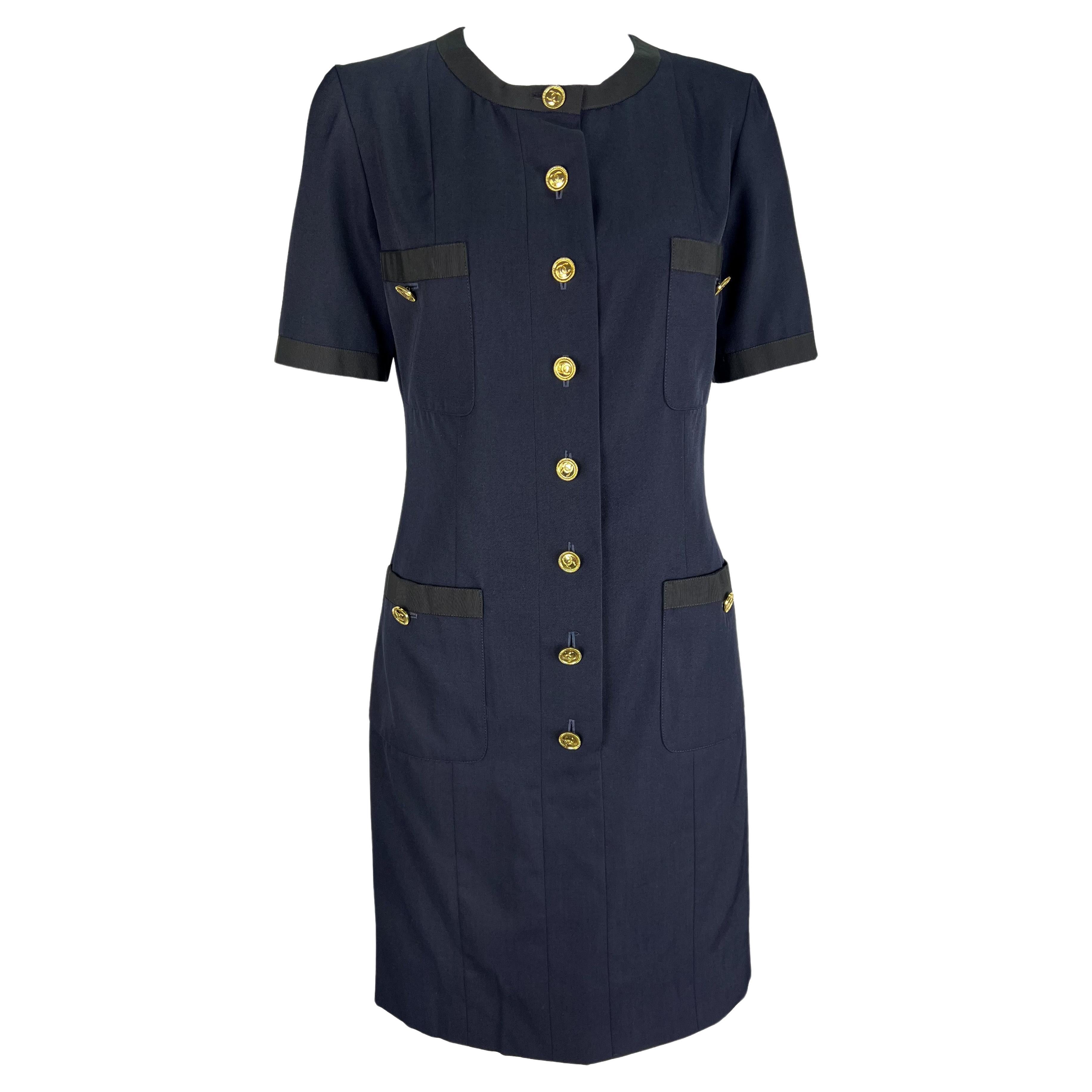 S/S 1992 Chanel by Karl Lagerfeld Gold CC Button Navy Short-Sleeve Shirt Dress