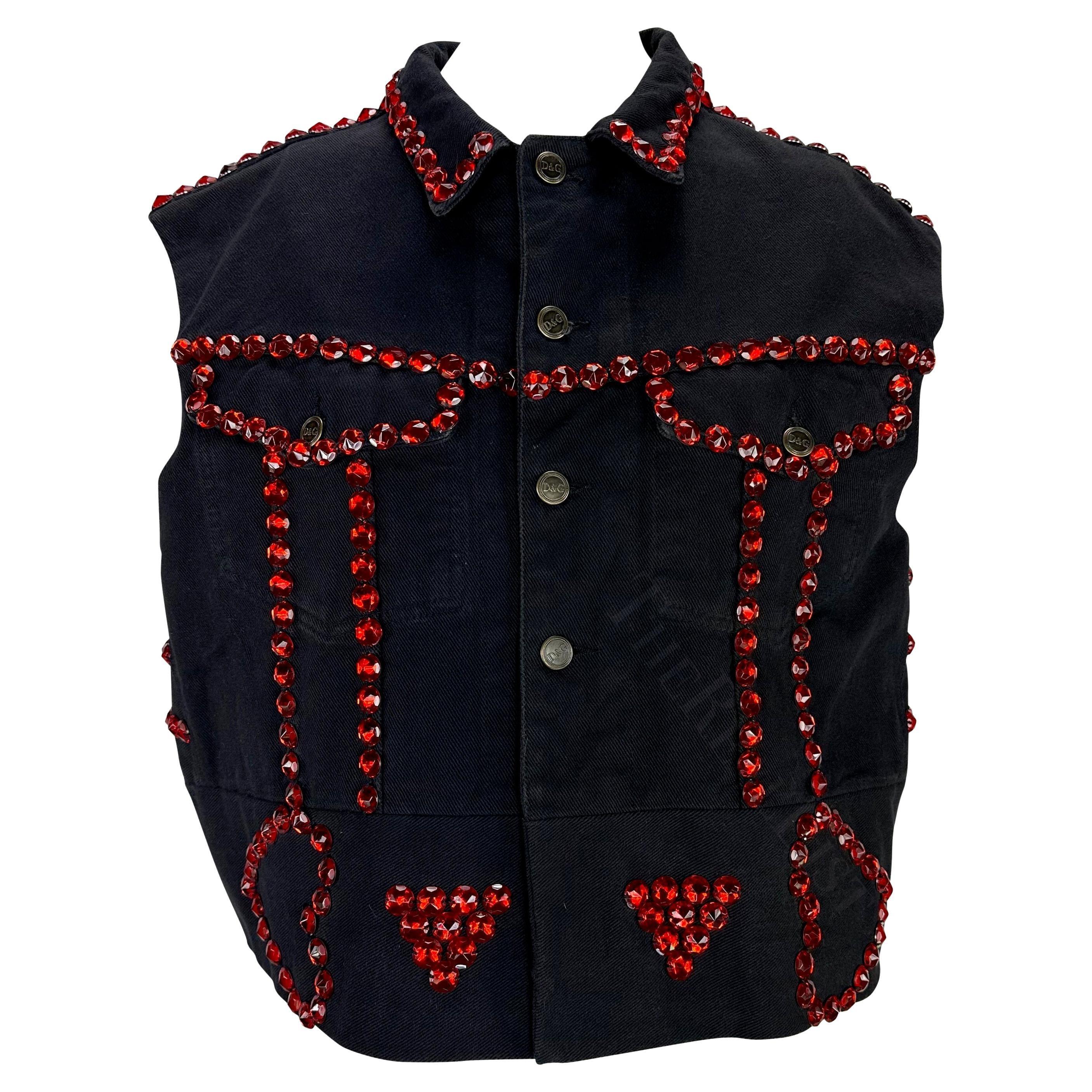 S/S 1992 Dolce & Gabbana Black Denim Red Rhinestone Accent Heart Vest In Excellent Condition For Sale In West Hollywood, CA