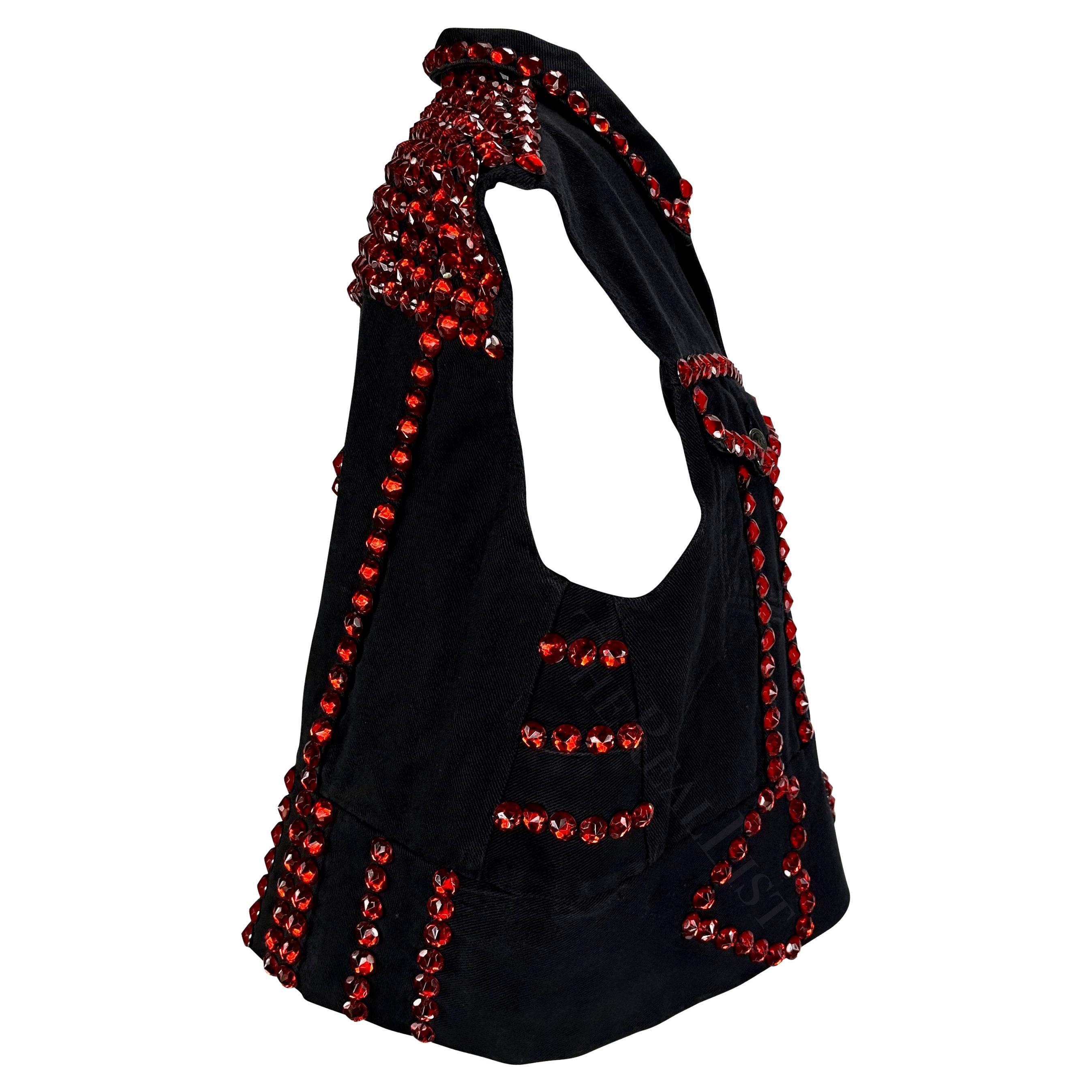 Women's S/S 1992 Dolce & Gabbana Black Denim Red Rhinestone Accent Heart Vest For Sale