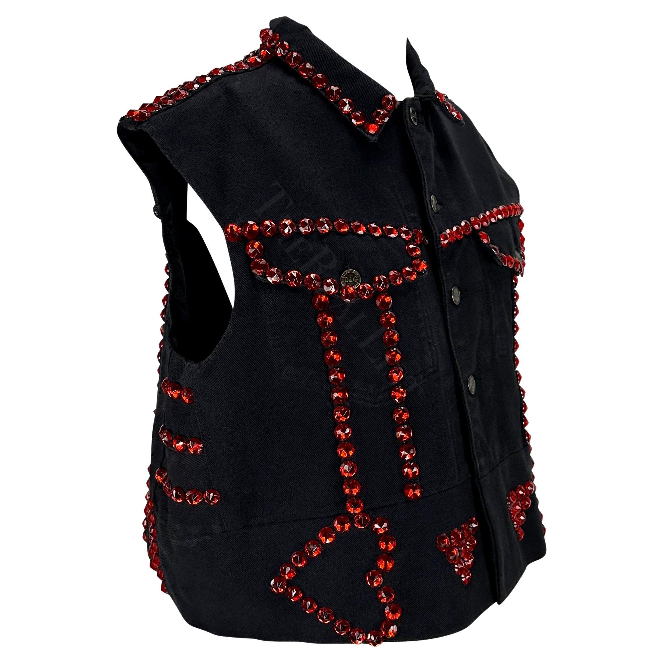 S/S 1992 Dolce & Gabbana Black Denim Red Rhinestone Accent Heart Vest For Sale 1