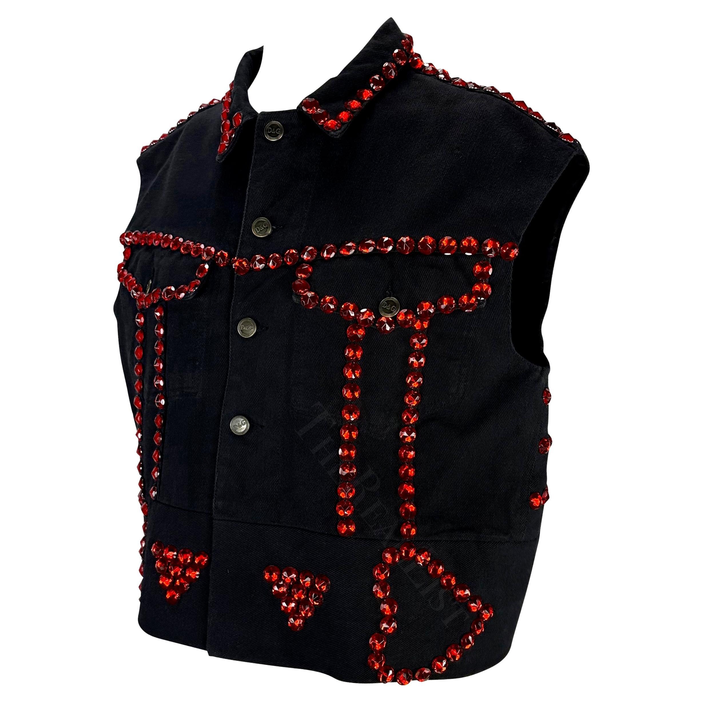 S/S 1992 Dolce & Gabbana Black Denim Red Rhinestone Accent Heart Vest For Sale 3