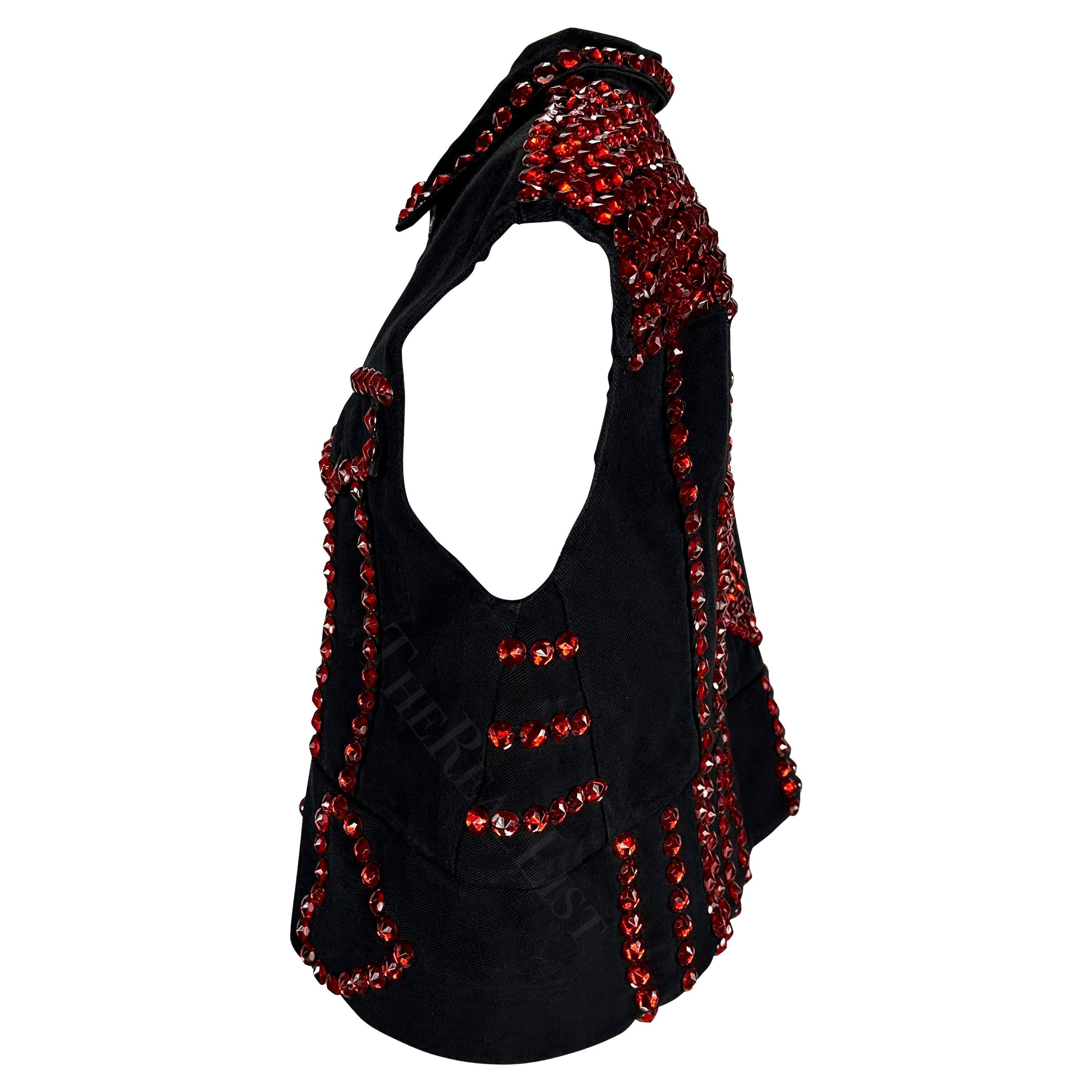S/S 1992 Dolce & Gabbana Black Denim Red Rhinestone Accent Heart Vest For Sale 4
