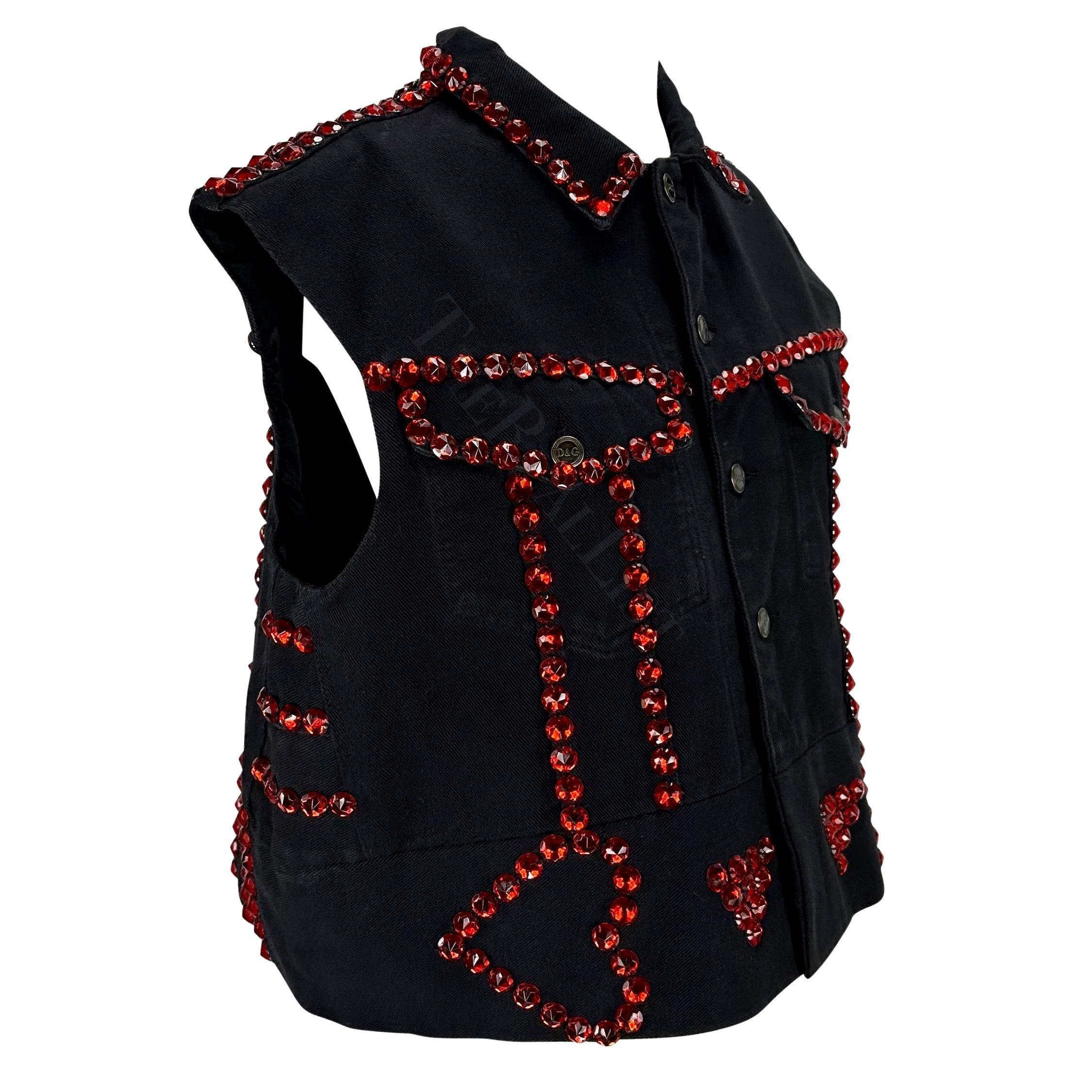 S/S 1992 Dolce & Gabbana Black Denim Red Rhinestone Accent Heart Vest For Sale 5