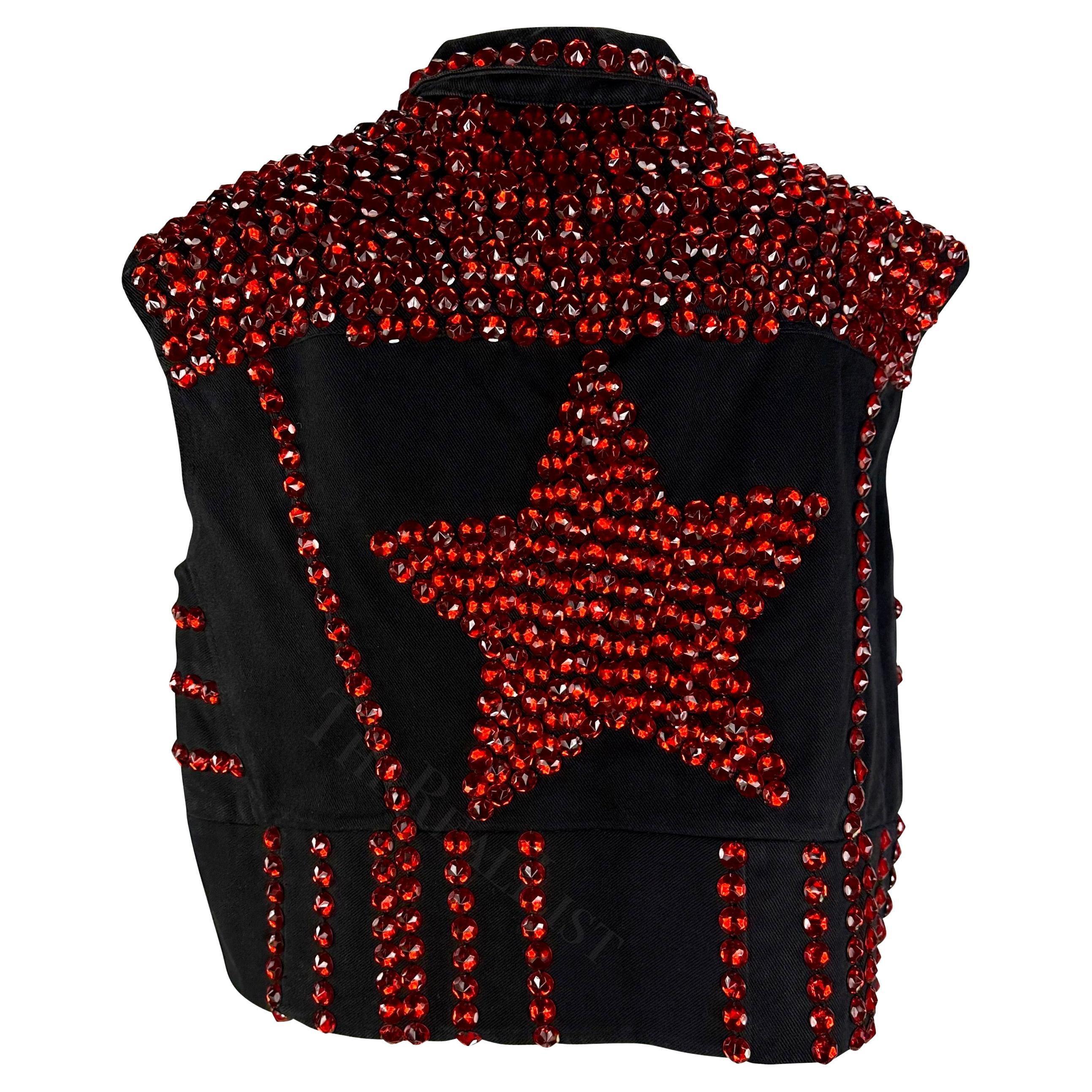S/S 1992 Dolce & Gabbana Black Denim Red Rhinestone Accent Heart Vest For Sale 5
