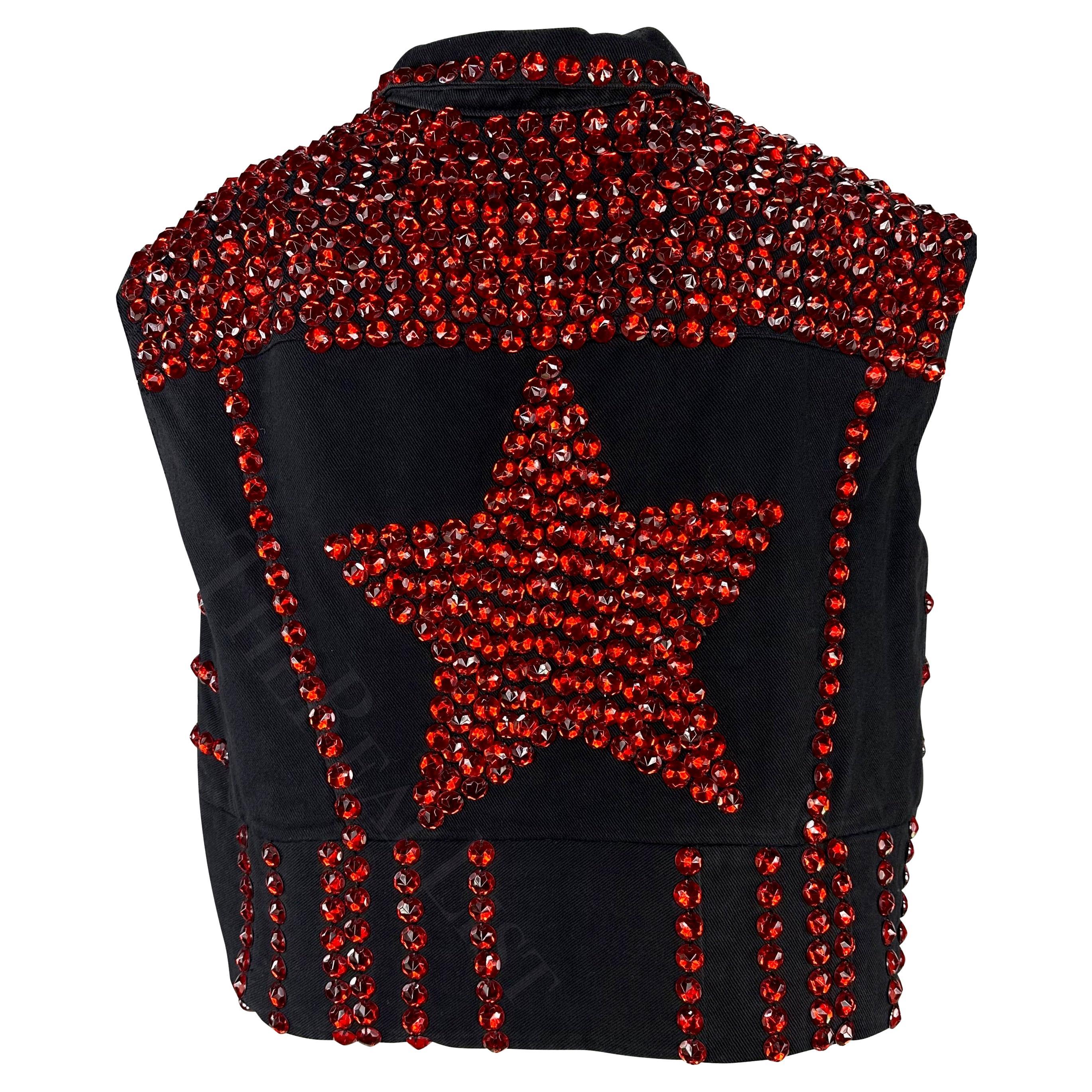 S/S 1992 Dolce & Gabbana Black Denim Red Rhinestone Accent Heart Vest For Sale