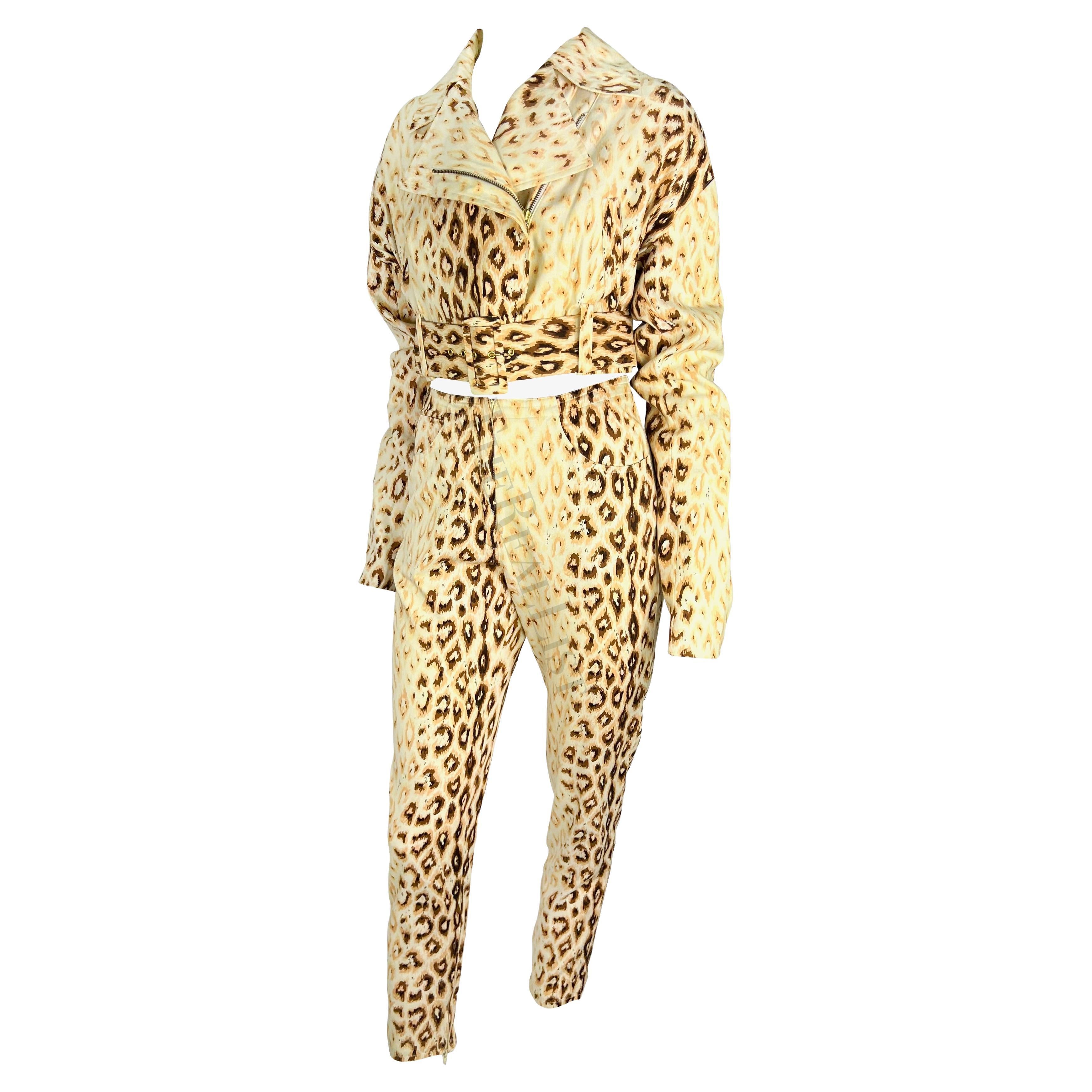S/S 1992 Dolce & Gabbana Creme Cheetah Print Cropped Biker Jacket Pant Set For Sale 1