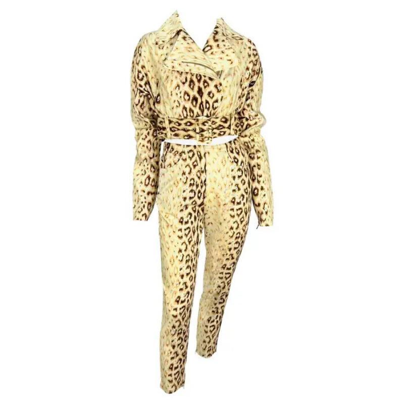 P/E 1992 Dolce & Gabbana Creme Leopard Print Cropped Biker Jacket Pant Set