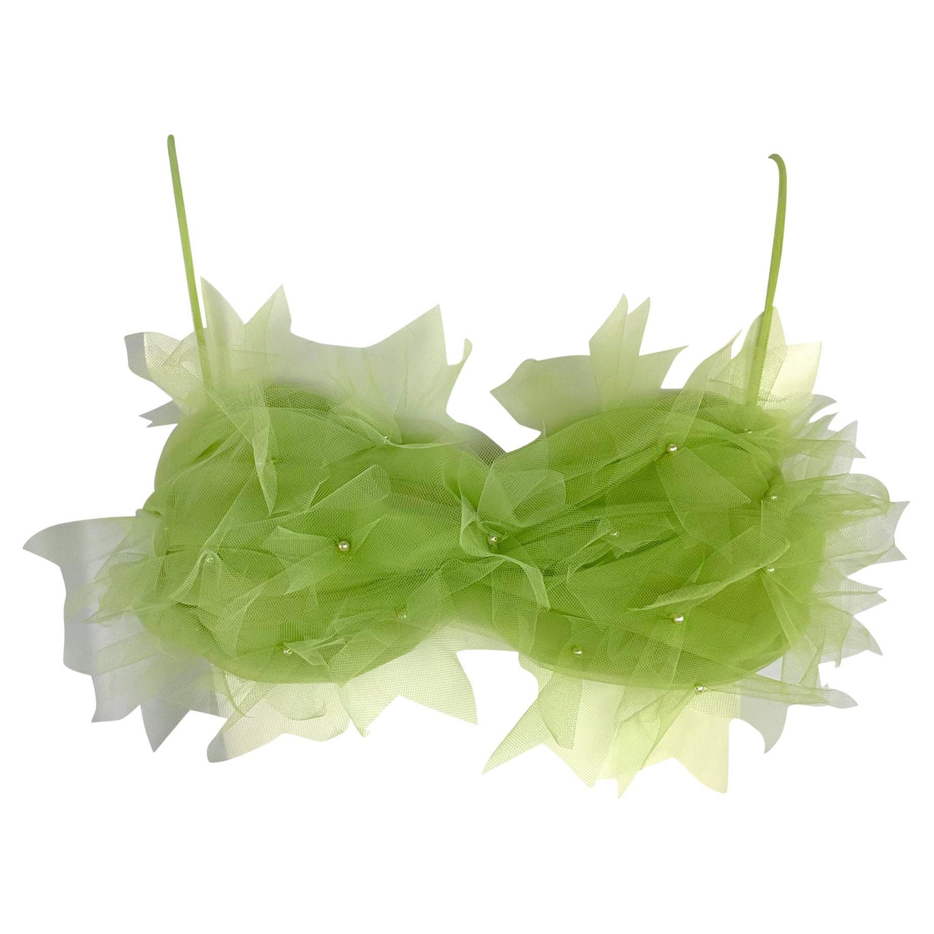 S/S 1992 Dolce & Gabbana Lime Faux Pearl Beaded Green Tulle Bralette For Sale