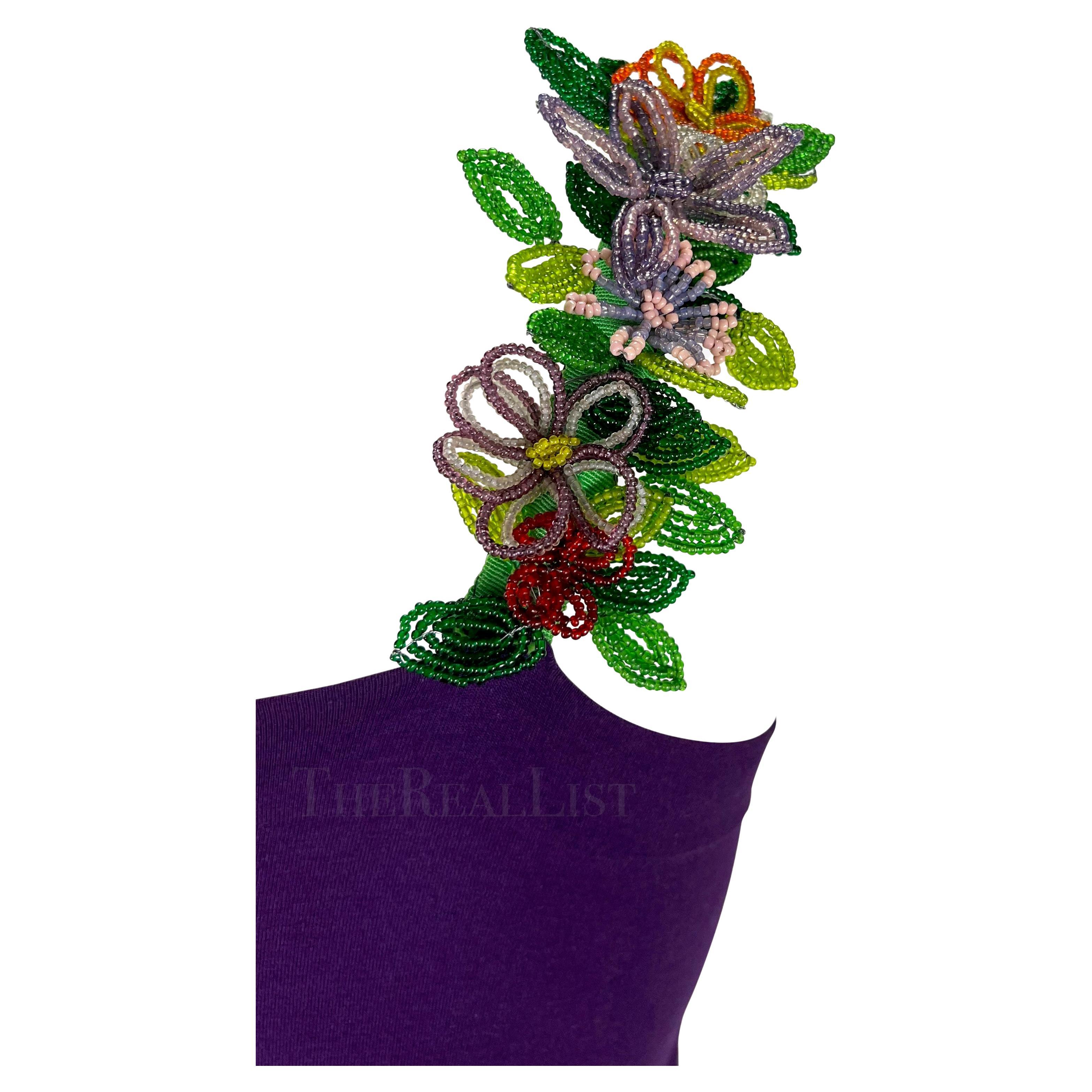 S/S 1992 Dolce & Gabbana Purple Mini Dress Floral Beaded Straps For Sale 5