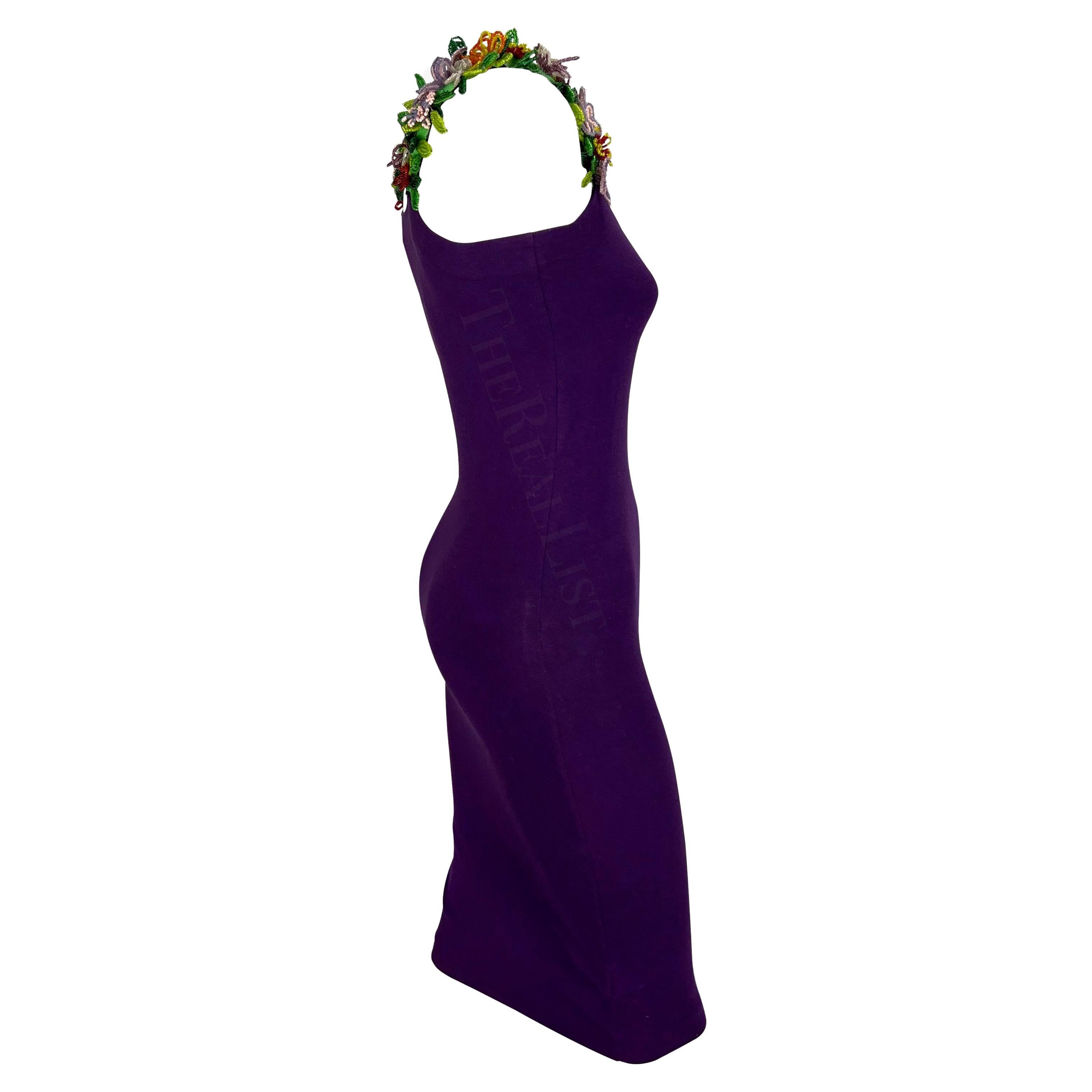 S/S 1992 Dolce & Gabbana Purple Mini Dress Floral Beaded Straps For Sale 6