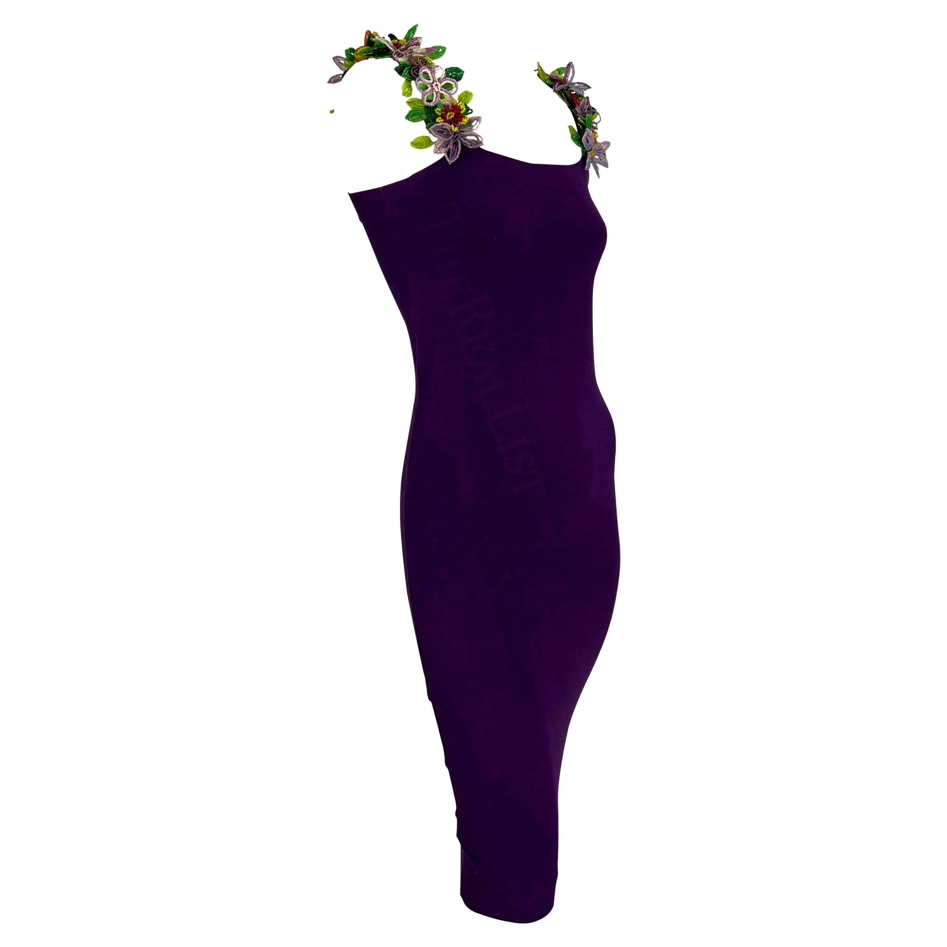 S/S 1992 Dolce & Gabbana Purple Mini Dress Floral Beaded Straps For Sale 7