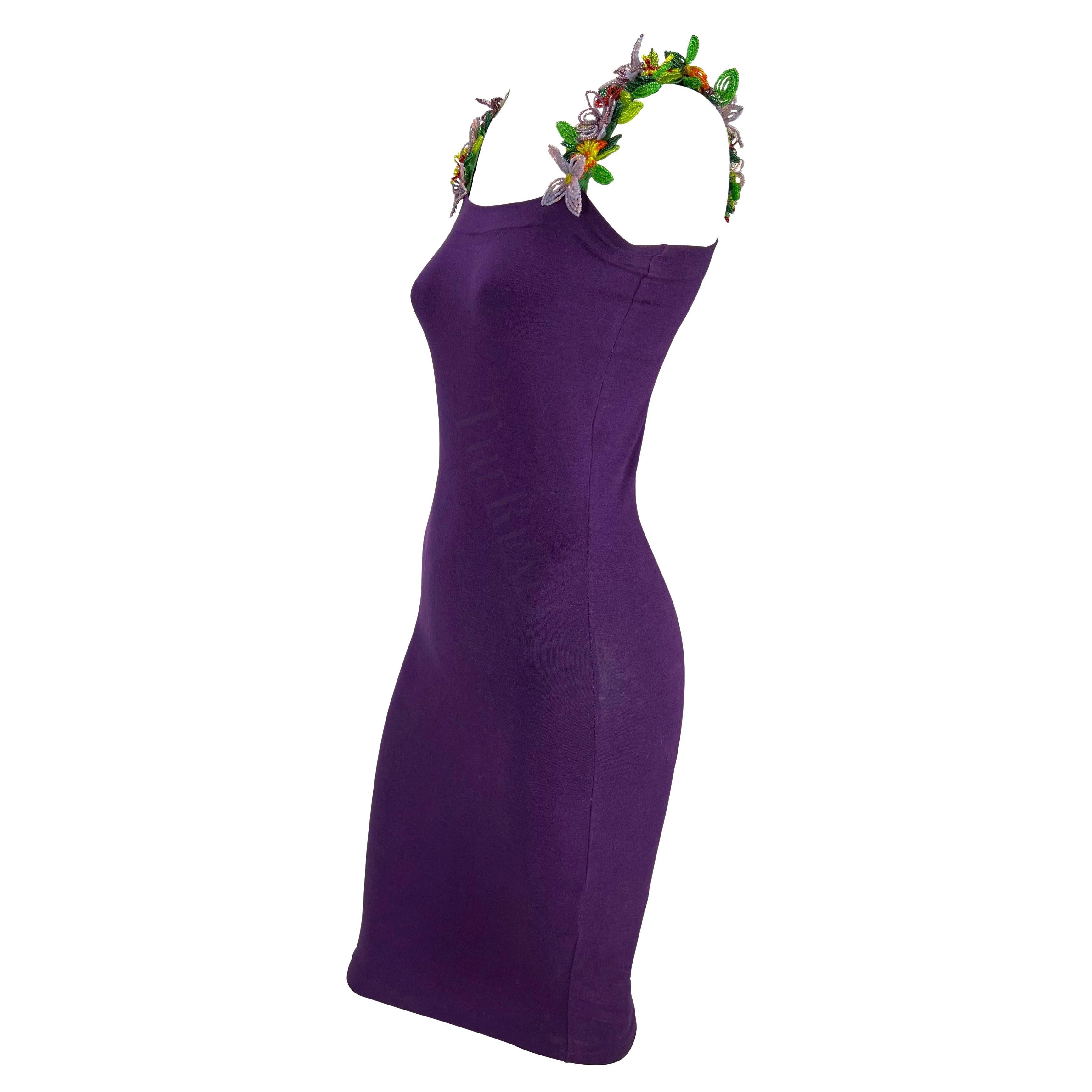 Women's S/S 1992 Dolce & Gabbana Purple Mini Dress Floral Beaded Straps For Sale