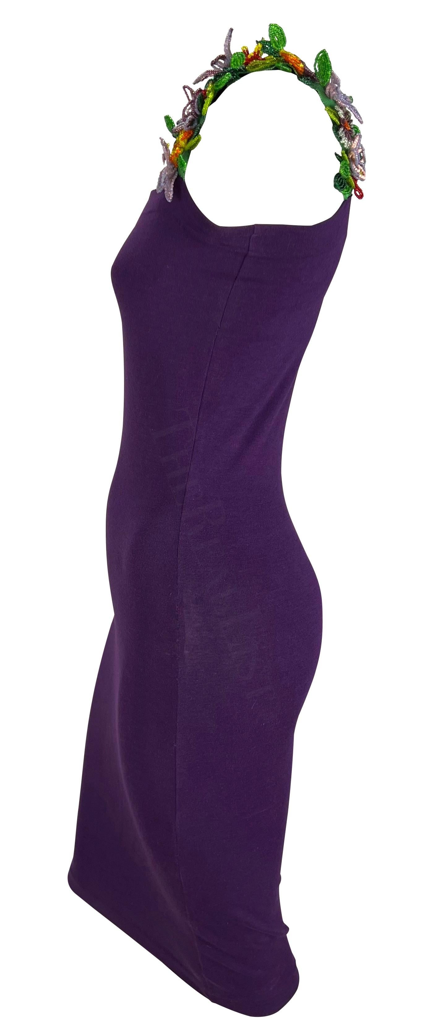 S/S 1992 Dolce & Gabbana Purple Mini Dress Floral Beaded Straps For Sale 1