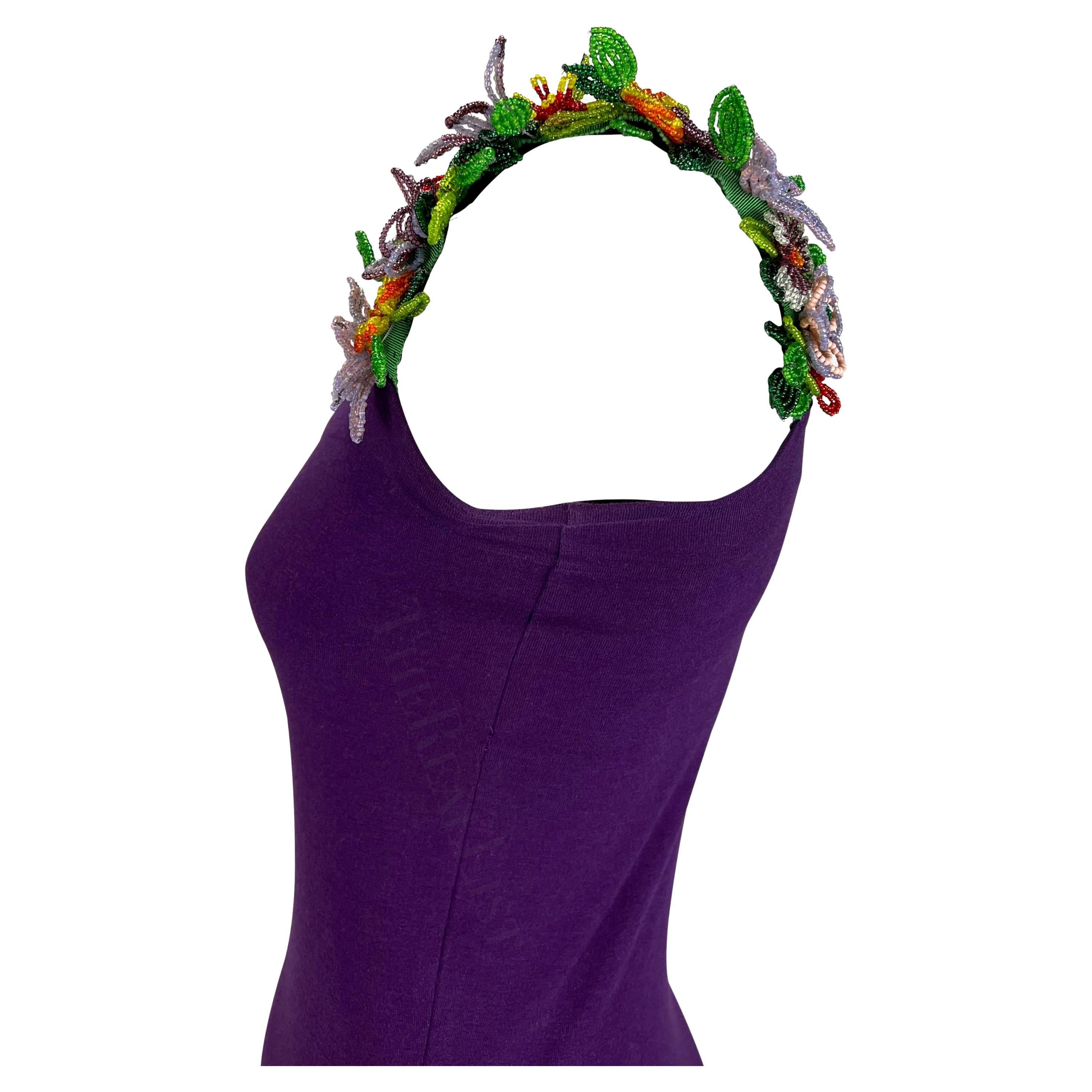 S/S 1992 Dolce & Gabbana Purple Mini Dress Floral Beaded Straps For Sale 2