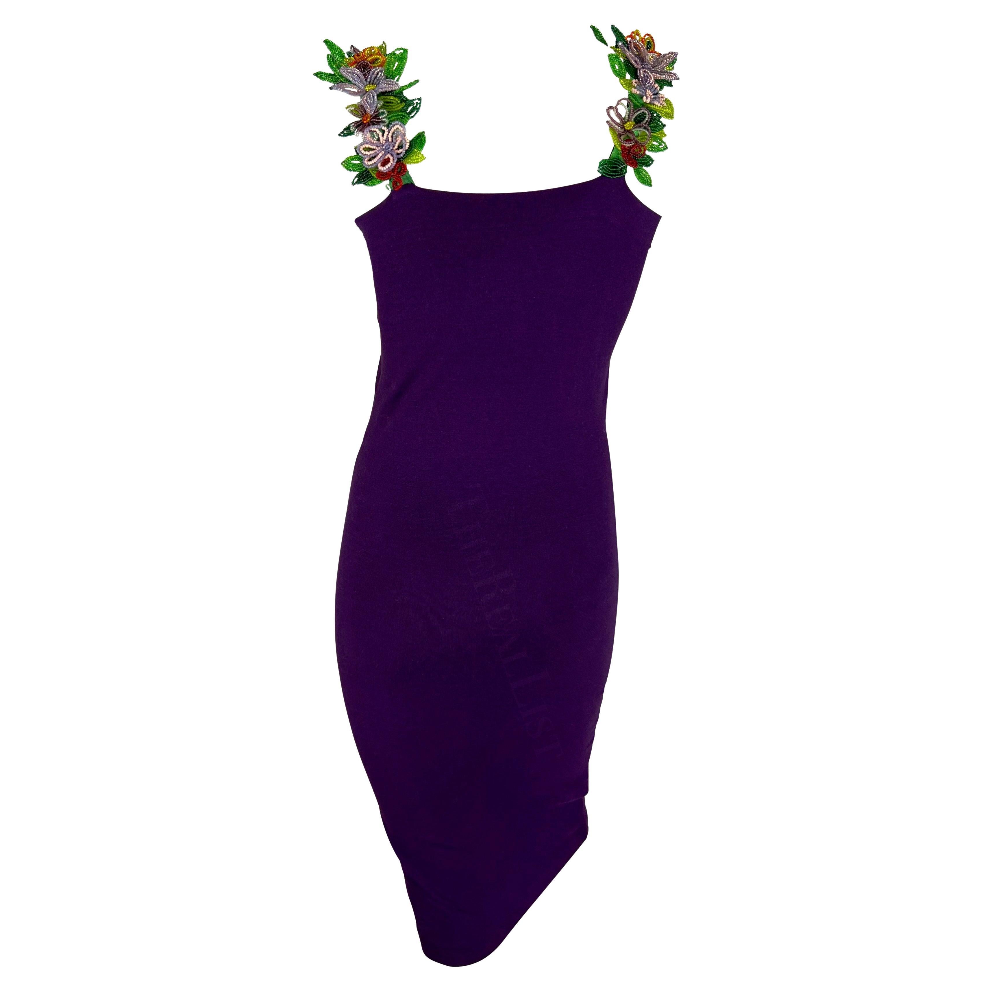 S/S 1992 Dolce & Gabbana Purple Mini Dress Floral Beaded Straps For Sale 3