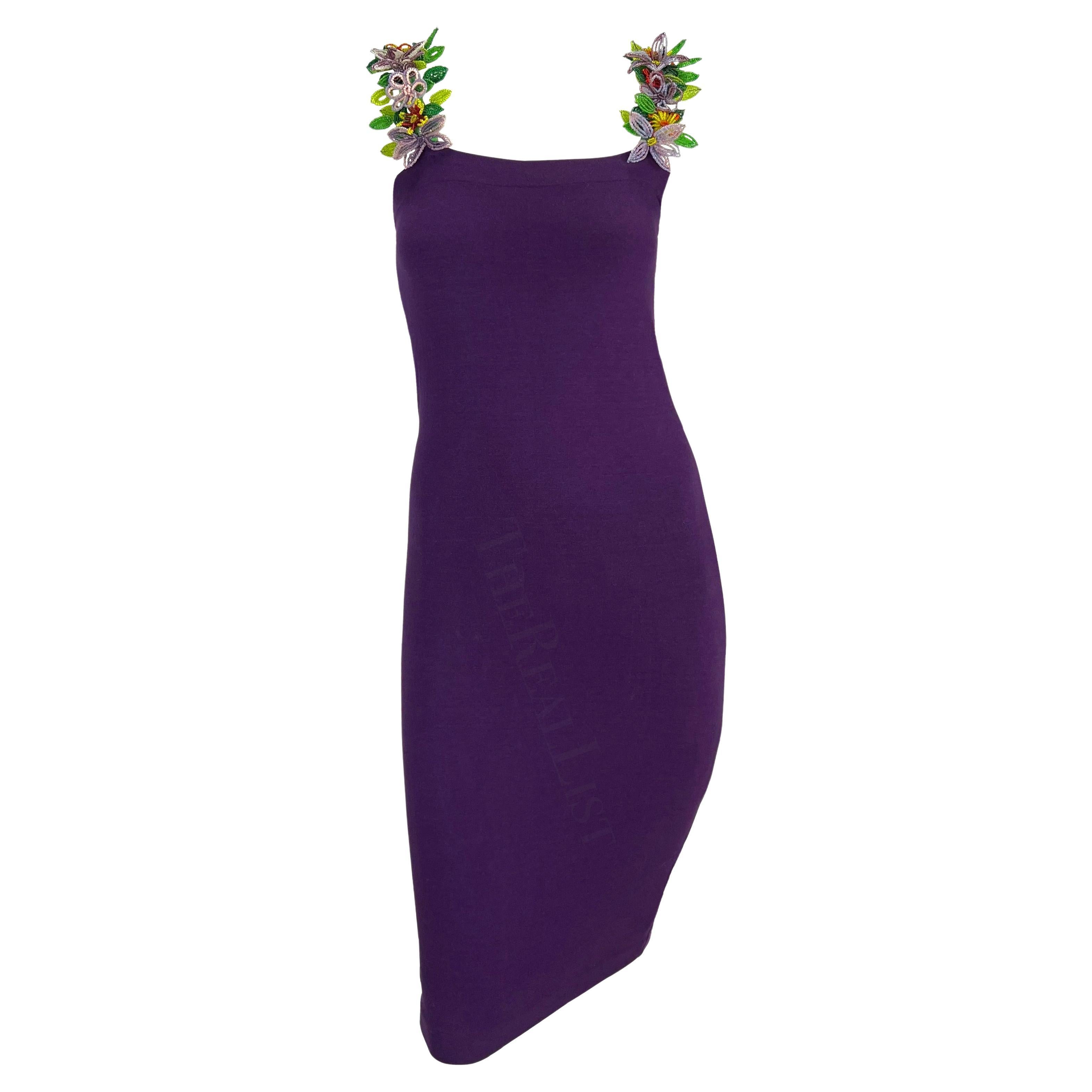 S/S 1992 Dolce & Gabbana Purple Mini Dress Floral Beaded Straps For Sale