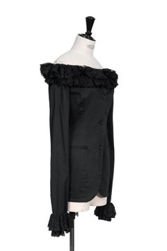 S/S 1992 Dolce & Gabbana Runway Black Lace Trim Off Shoulder Micro Dress