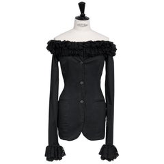 S/S 1992 Dolce & Gabbana Runway Black Lace Trim Off Shoulder Micro Dress