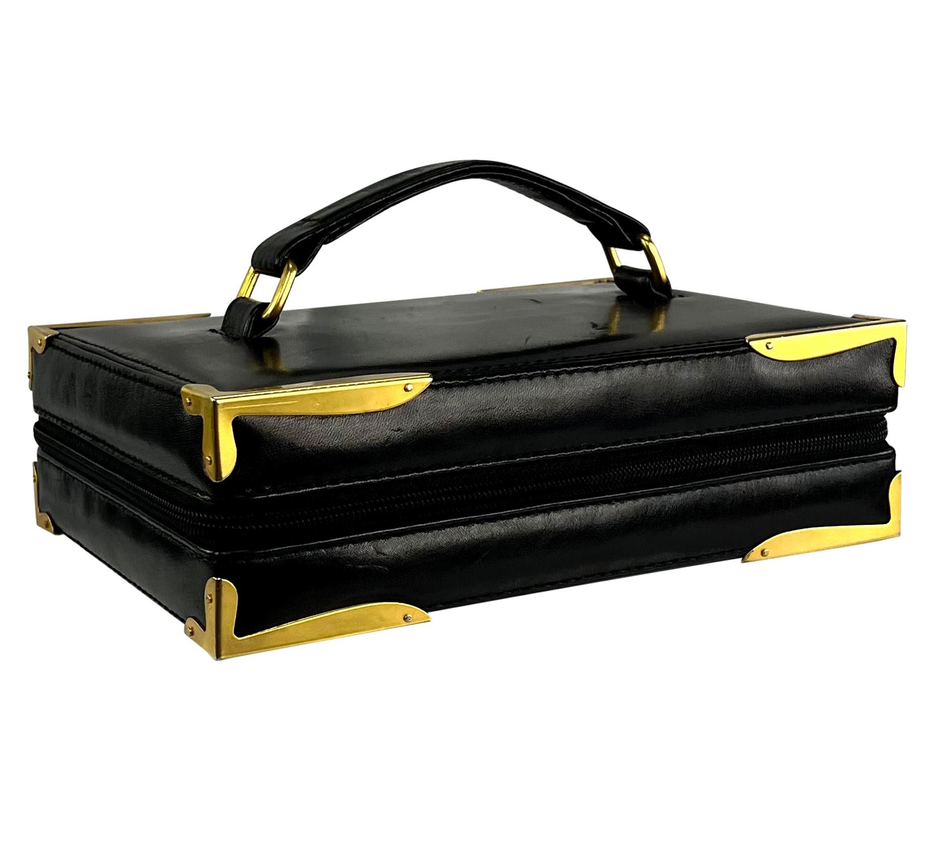 S/S 1992 Donna Karan Runway Black Leather Book Style Clutch Travel Bag For Sale 8