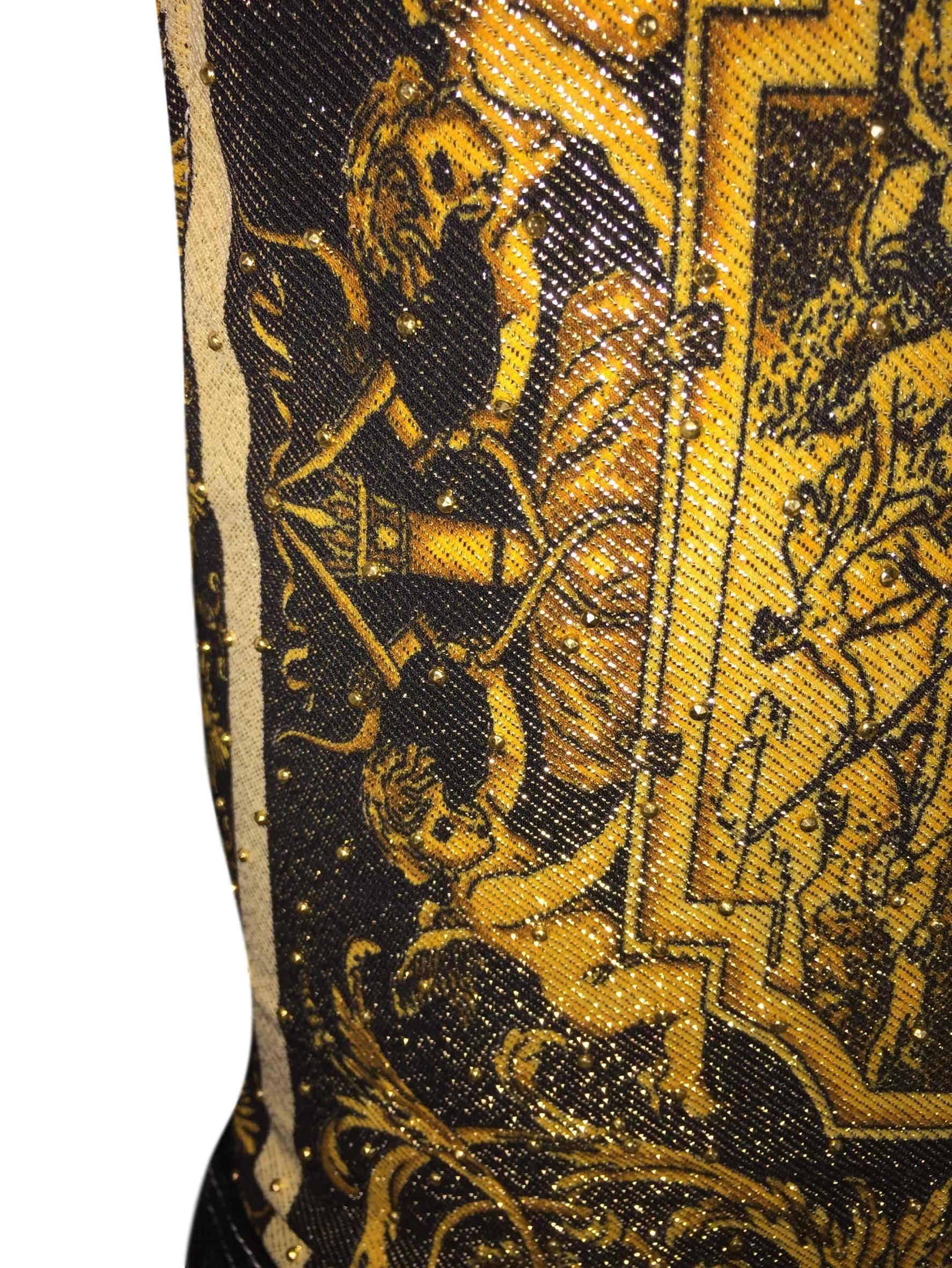 Black S/S 1992 Gianni Versace Atelier Print Gold Studded Baroque Top