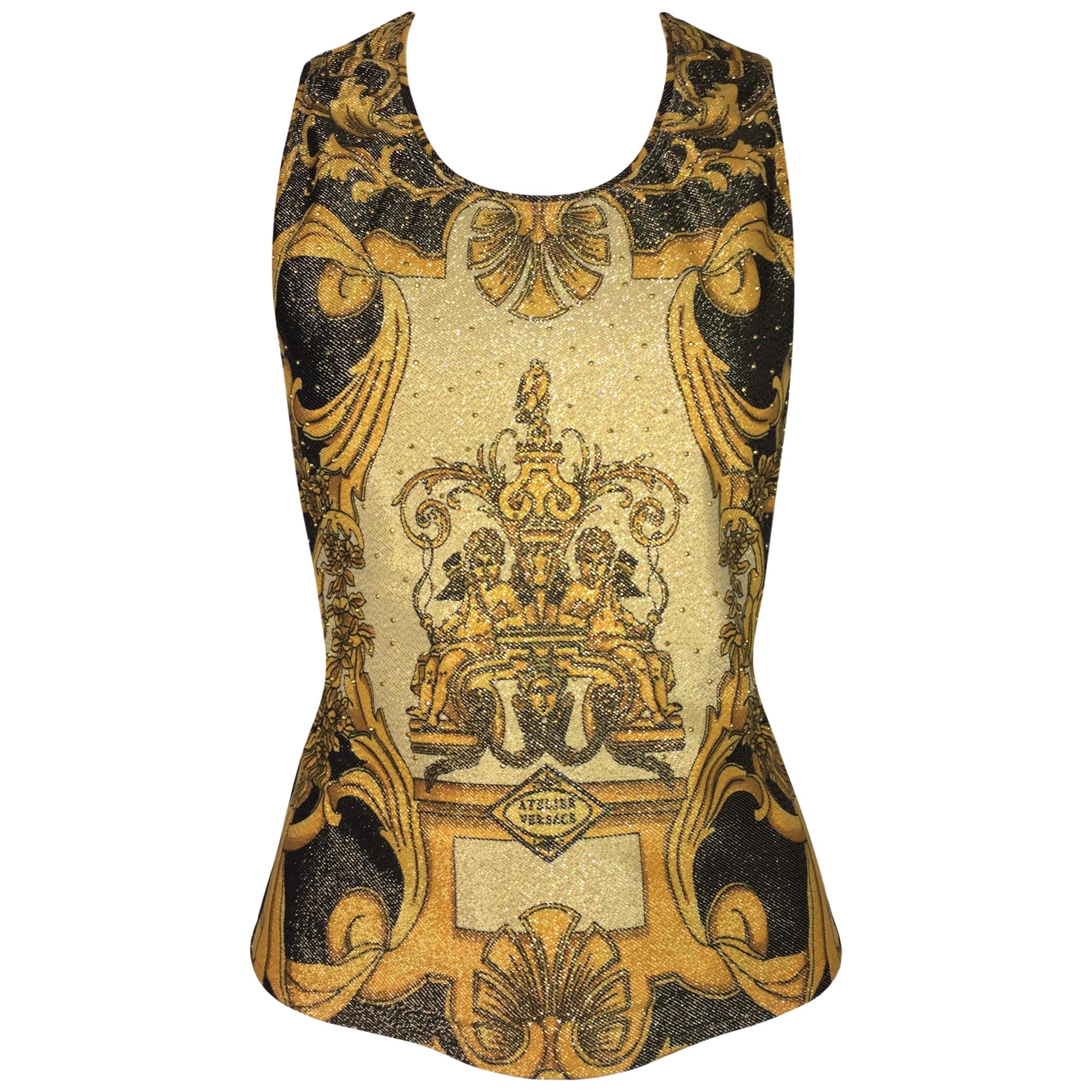 S/S 1992 Gianni Versace Atelier Print Gold Studded Baroque Top